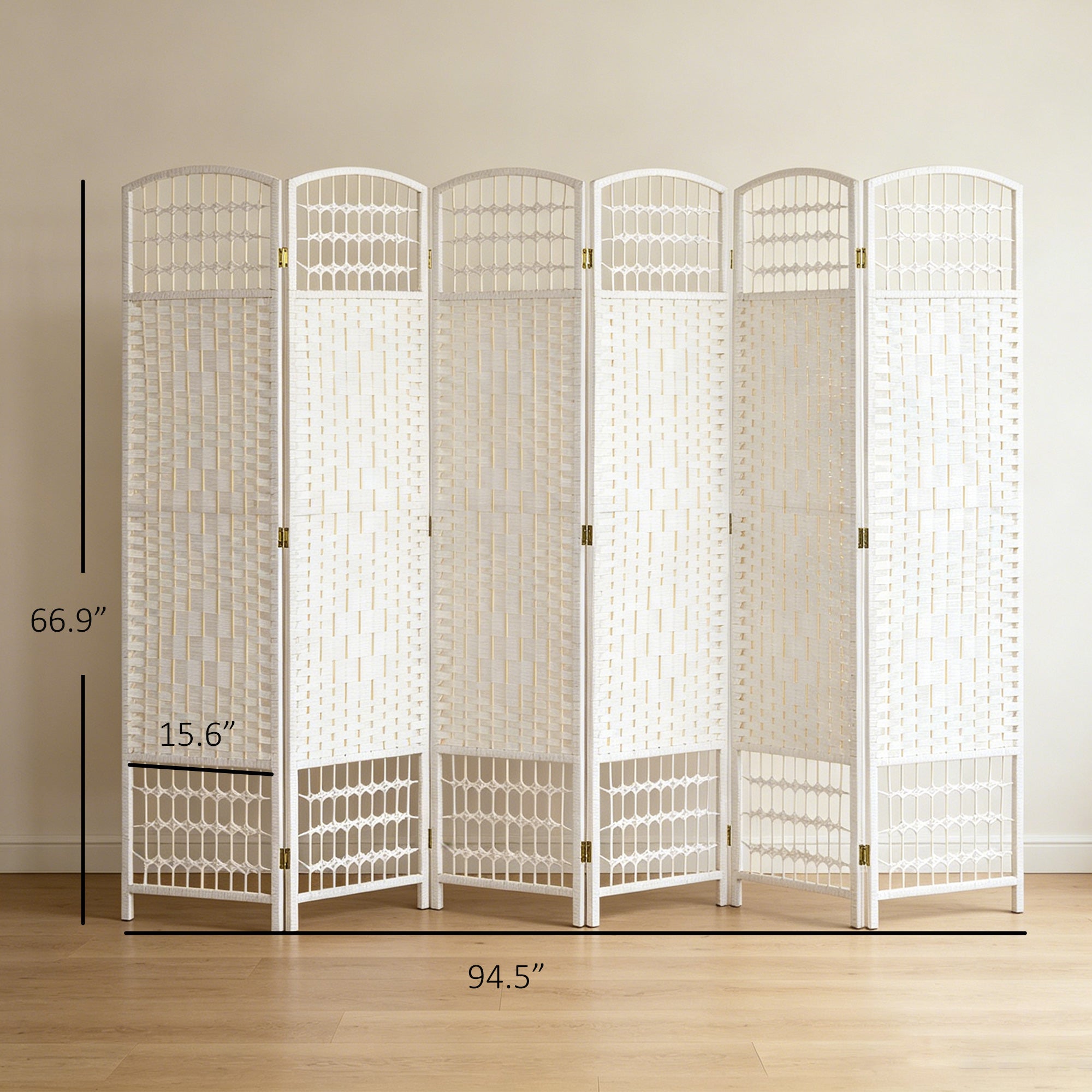 6 Panel Folding Room Divider Portable Privacy Screen Wave Fiber Room Partition for Home Office White