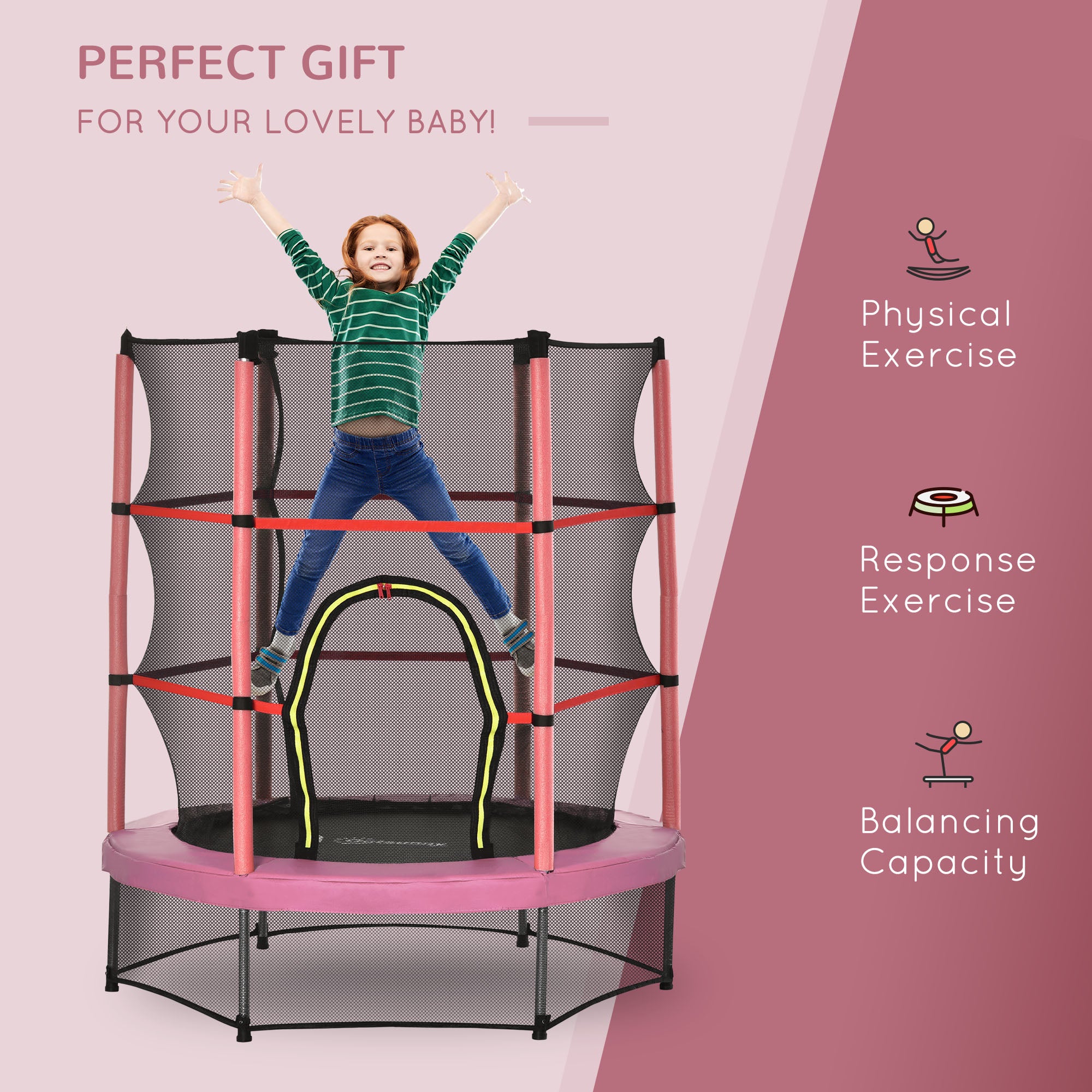 Φ5FT Kids Trampoline with Enclosure Net for Age 3 to 6 Years Pink