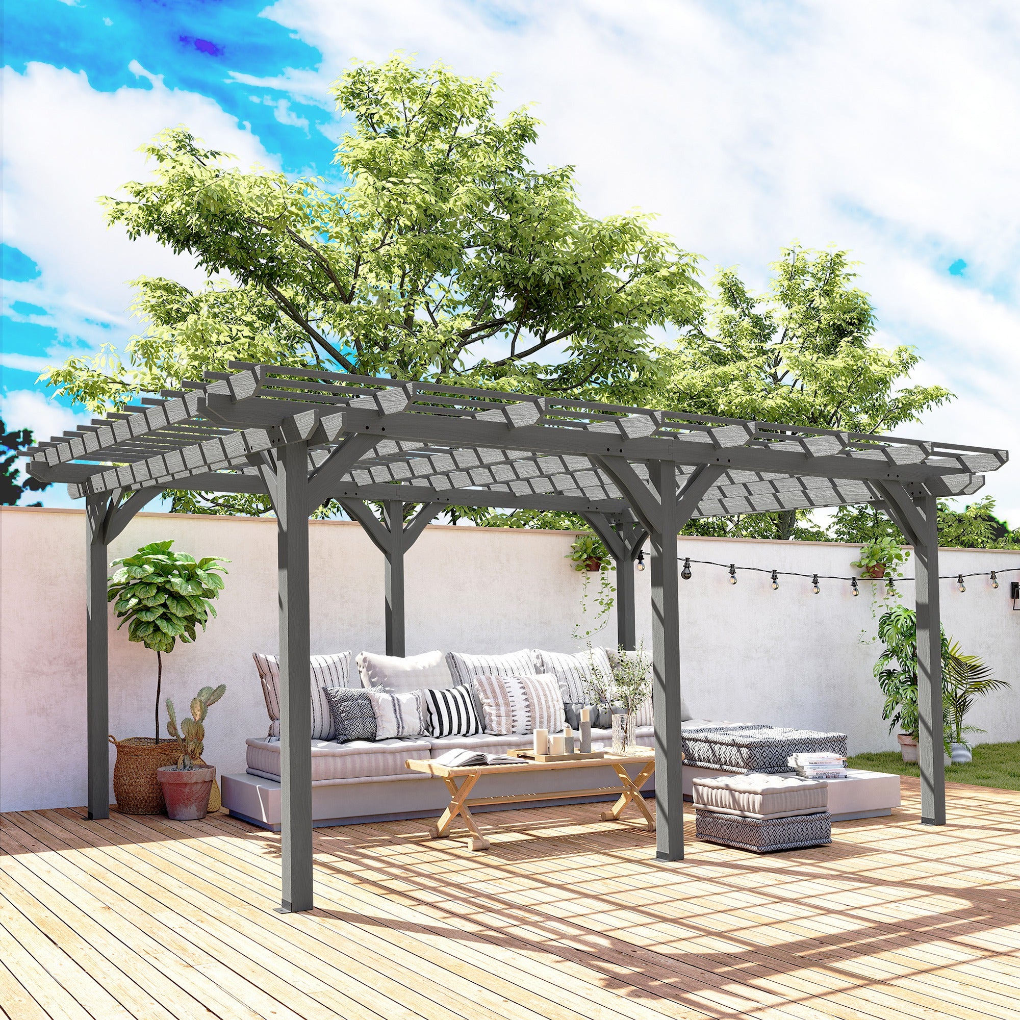 12' x 16' Outdoor Pergola, Wood Gazebo Grape Trellis with Stable Structure for Climbing Plant Support, Gray