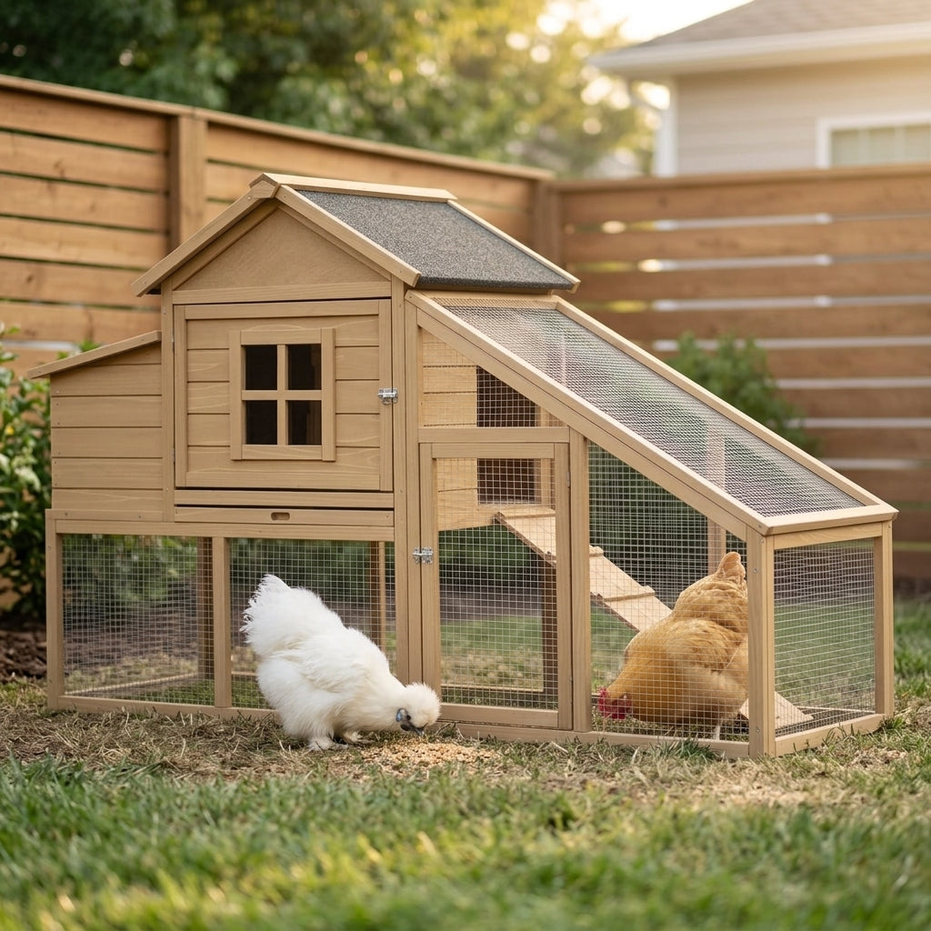 69" Wooden Chicken Coop, Poultry Cage Hen House with Connecting Ramp, Tray, Ventilated Window and Nesting Box