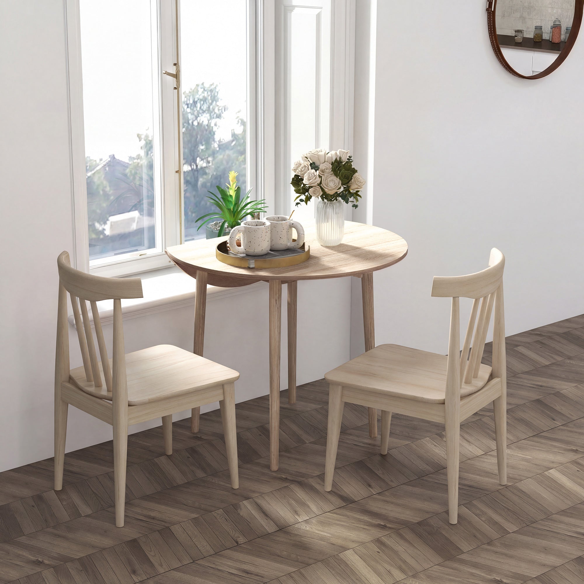 Folding Dining Table, Round Drop Leaf Kitchen Table for Small Spaces with Wood Legs, Oak Color