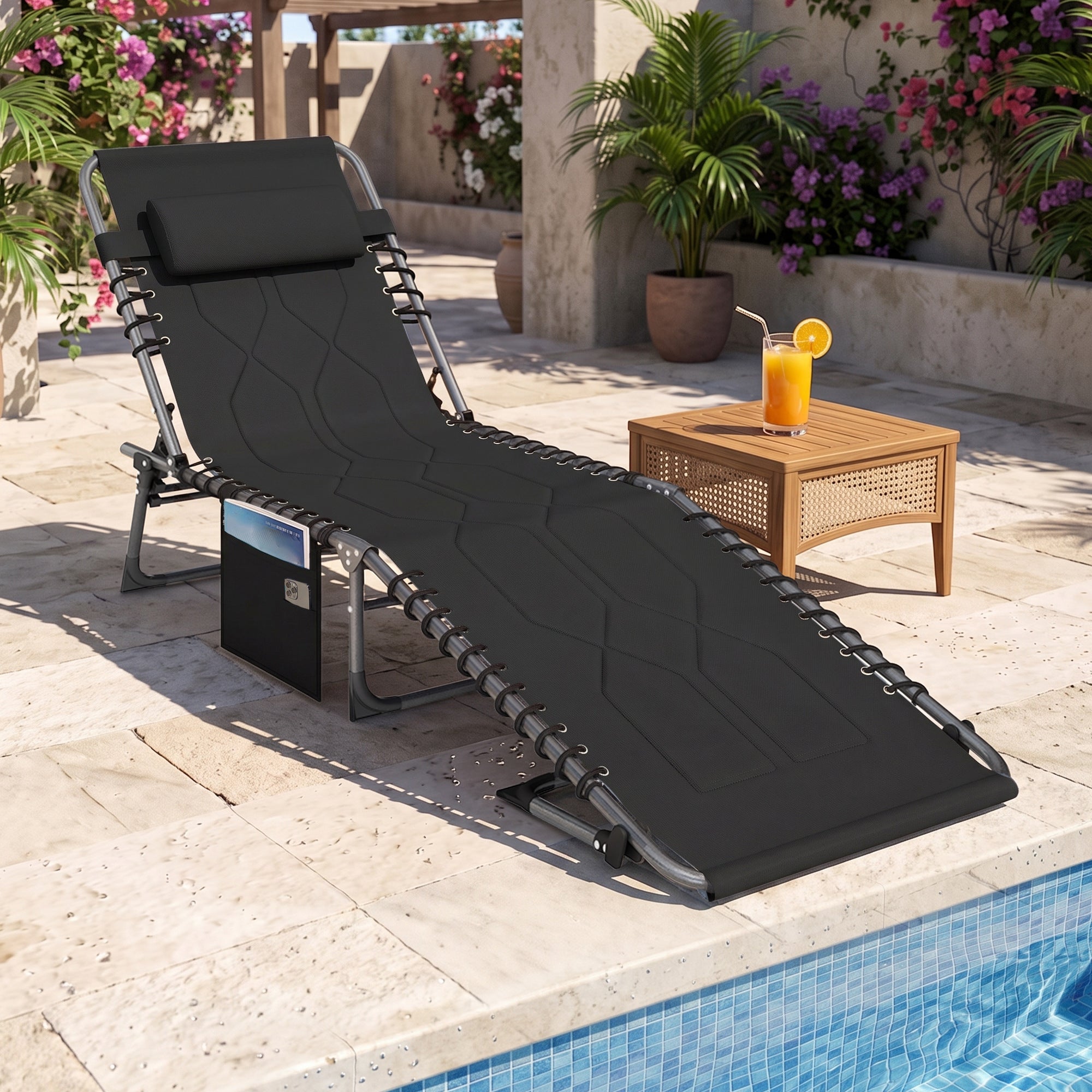 Padded Folding Chaise Lounge Chair, Outdoor 6-Level Reclining Camping Tanning Chair with Headrest for Beach, Yard, Patio, Pool, Black
