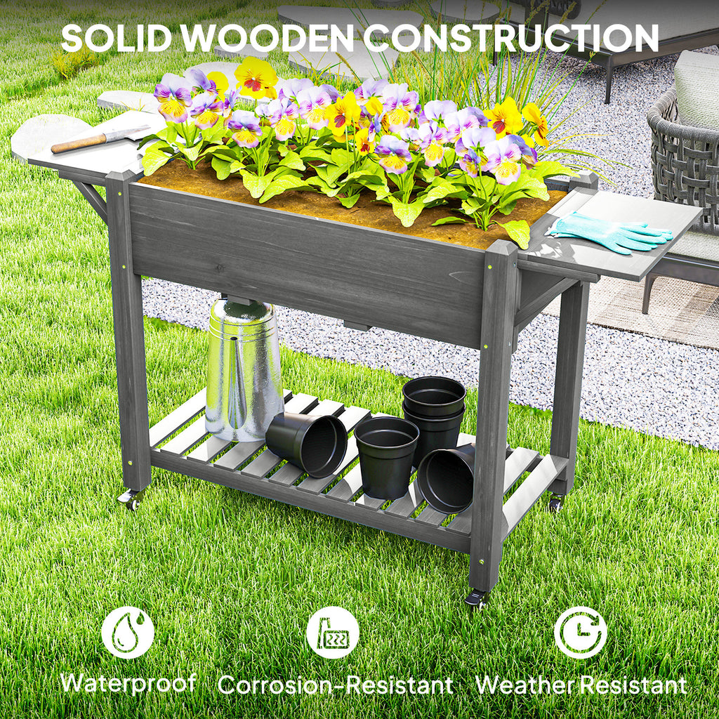 Wood Raised Planter Box, Elevated Garden Bed with Lockable Wheels, Side Tables, Bottom Shelf, Drain Holes, Gray