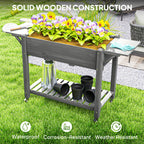 Wood Raised Planter Box, Elevated Garden Bed with Lockable Wheels, Side Tables, Bottom Shelf, Drain Holes, Gray