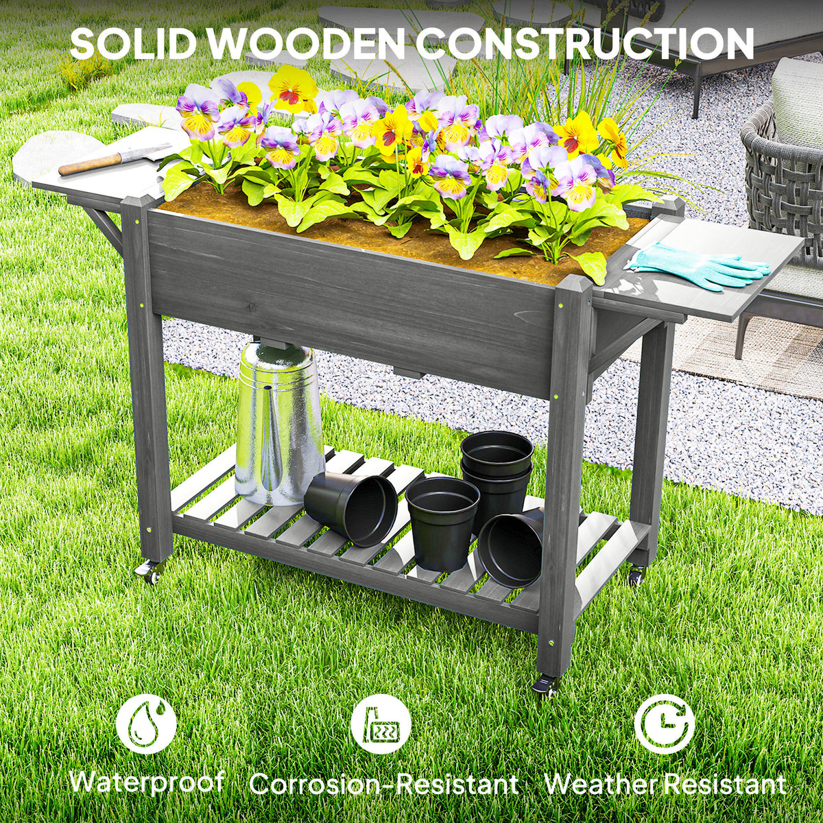 Wood Raised Planter Box, Elevated Garden Bed with Lockable Wheels, Side Tables, Bottom Shelf, Drain Holes, Gray