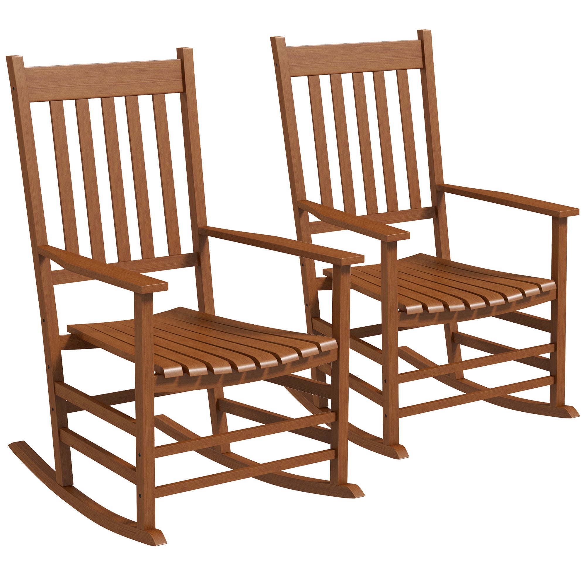 Outdoor Rocking Chair Set of 2, Patio Wooden Rocking Chair with Smooth Armrests, High Back for Garden, Balcony, Porch, Supports Up to 352 lbs, Teak