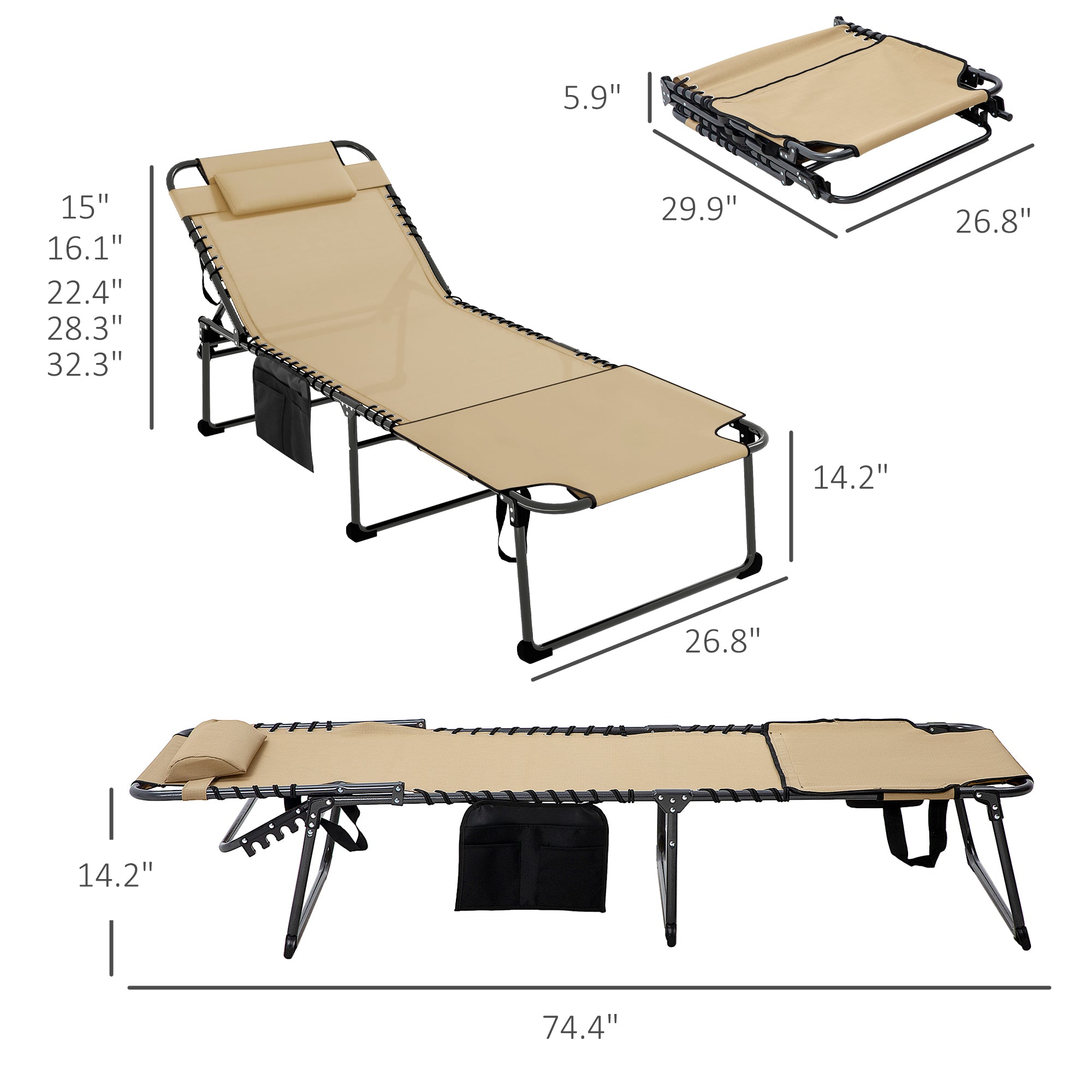 Folding Chaise Tanning Lounge Chair w/ 5-level Reclining Back, Reading Hole, Side Pocket, Headrest, Beige