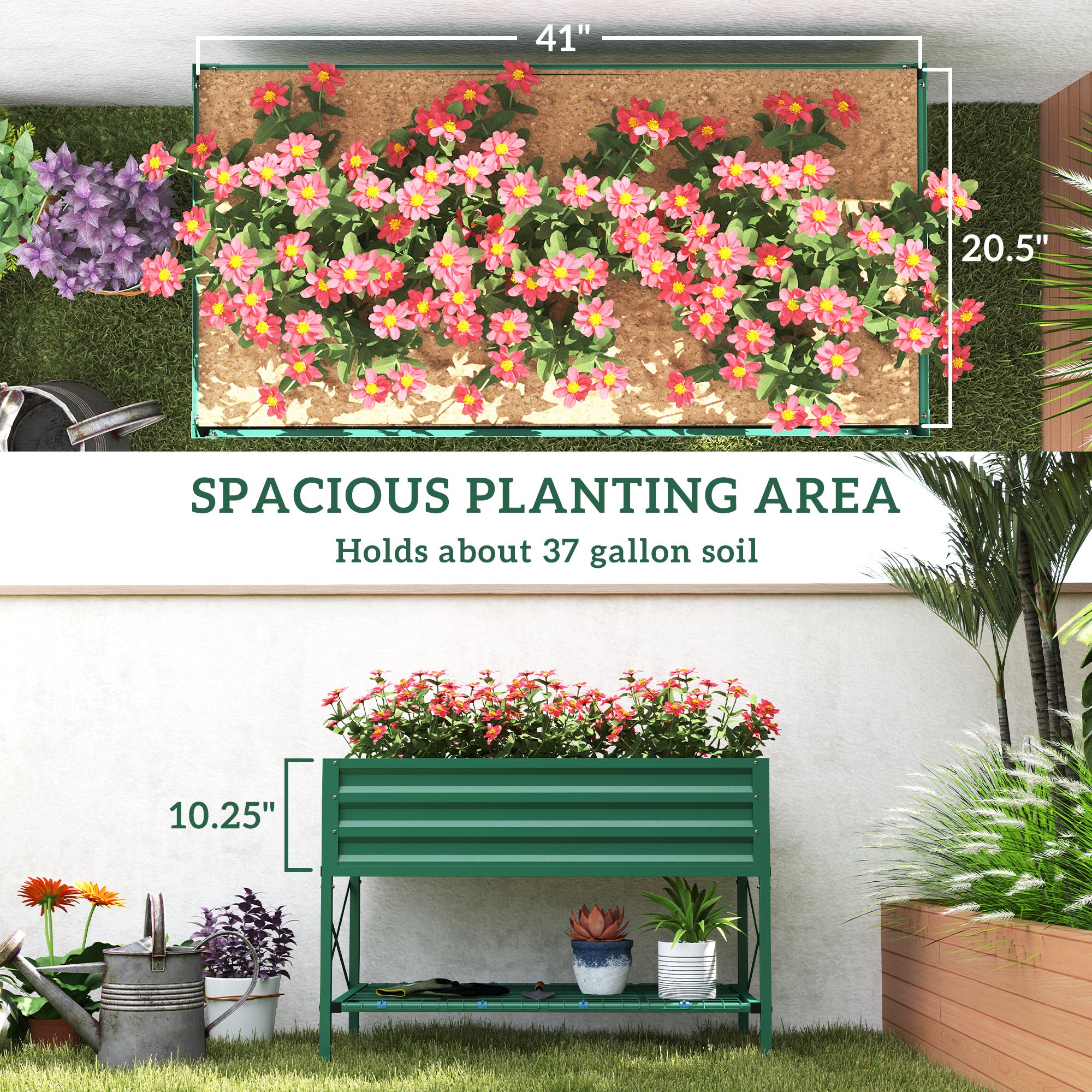 Galvanized Raised Garden Bed, Metal Planter Box with Legs, Storage Shelf and Bed Liner, Green