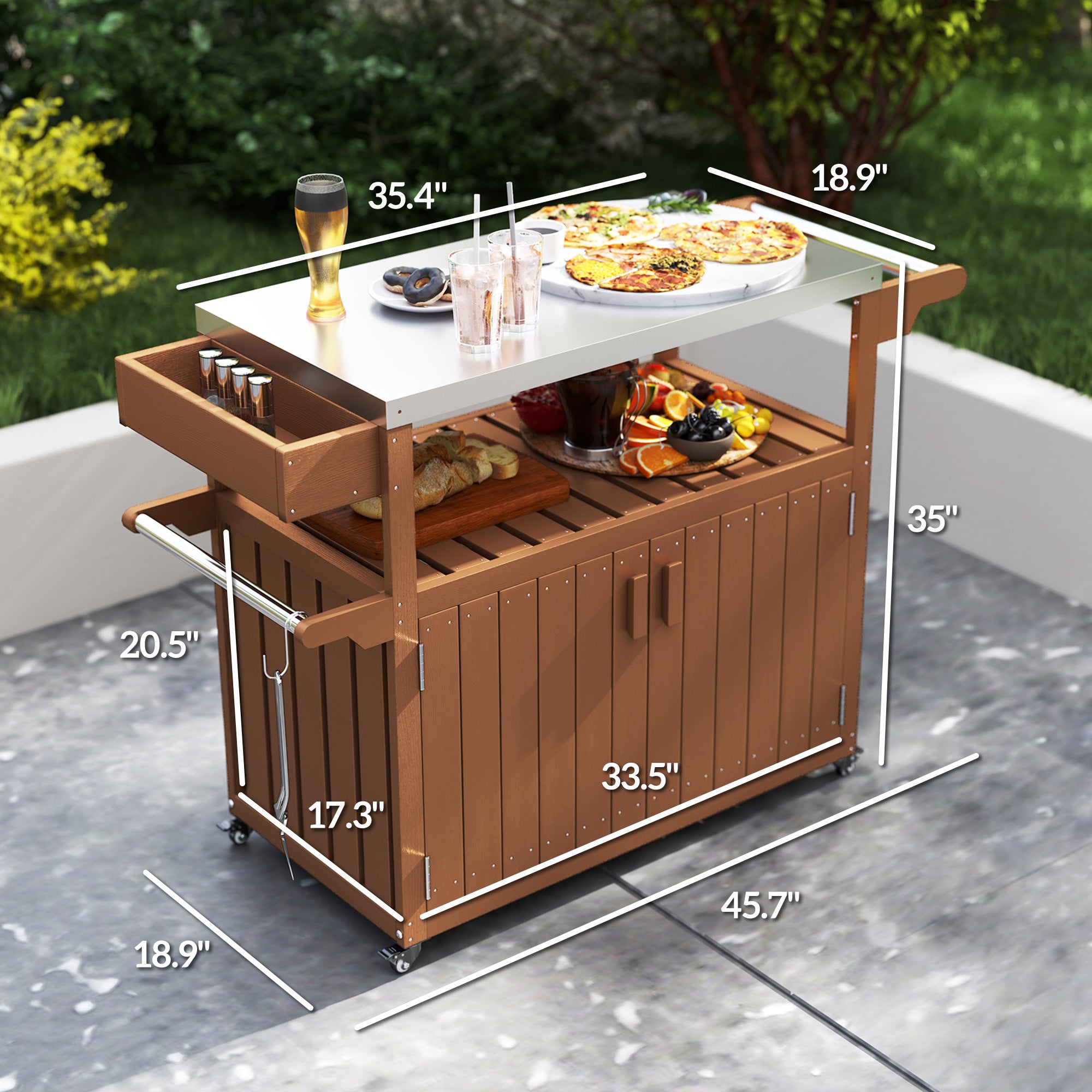 Outdoor Bar Cart with Storage, Stainless Steel Outdoor Bar Table Top, Wheeled HDPE Kitchen Island for Food Prep, Brown