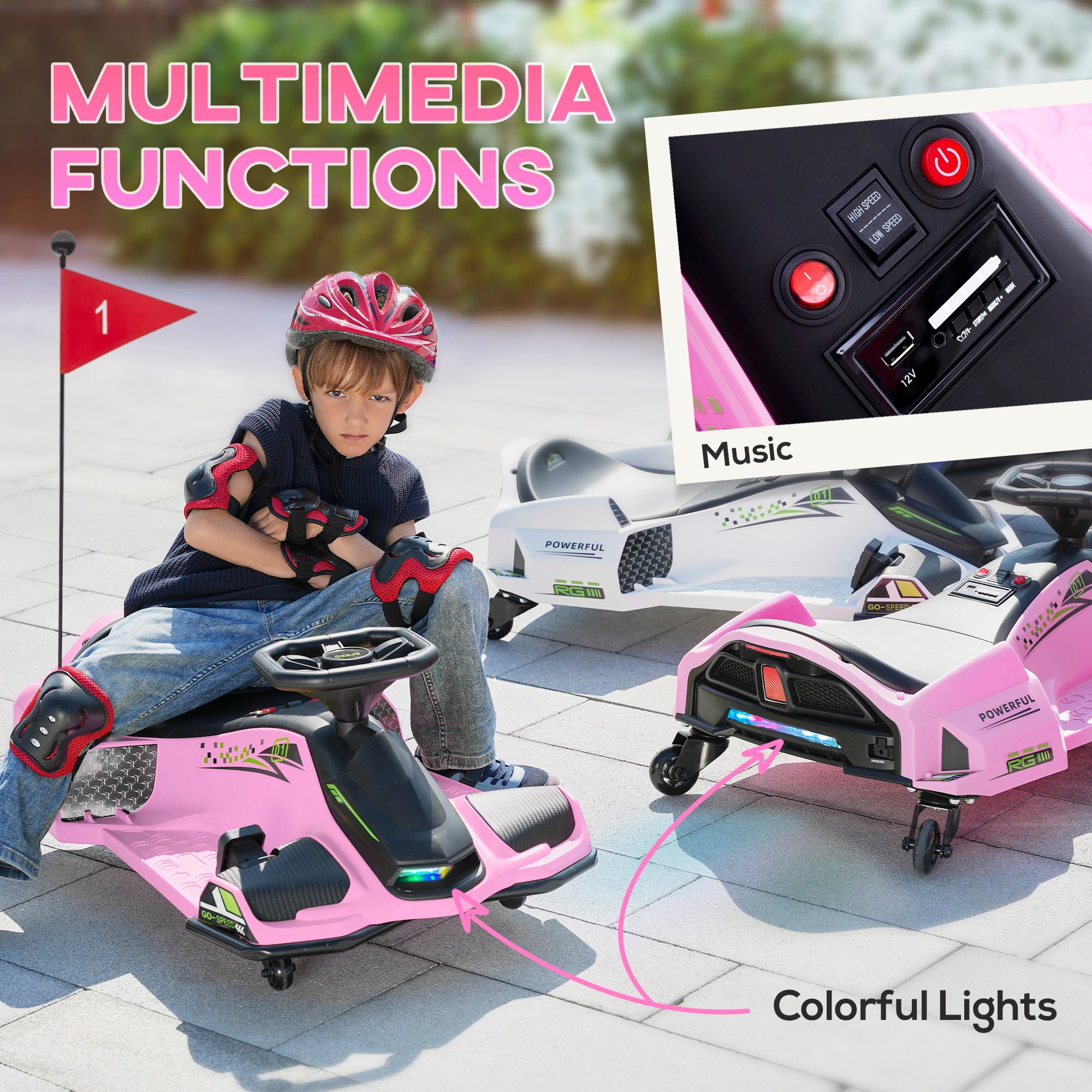 12V Electric Drifting Go Kart w/ Slow Start, Music, Lights, Pink