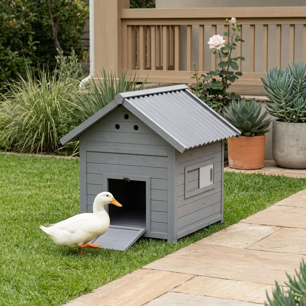Duck Coop, Wooden Duck House with Openable Roof & Double Doors, Light Gray