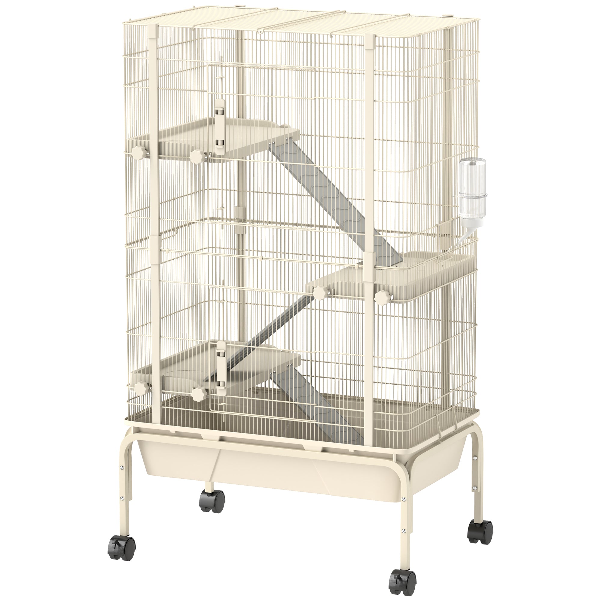47" Small Animal Cage, 4 Levels Large Rolling Metal Ferret Cage w/ 5.9" Deep Tray, Ramps, Water Bottle, Food Dish, Beige