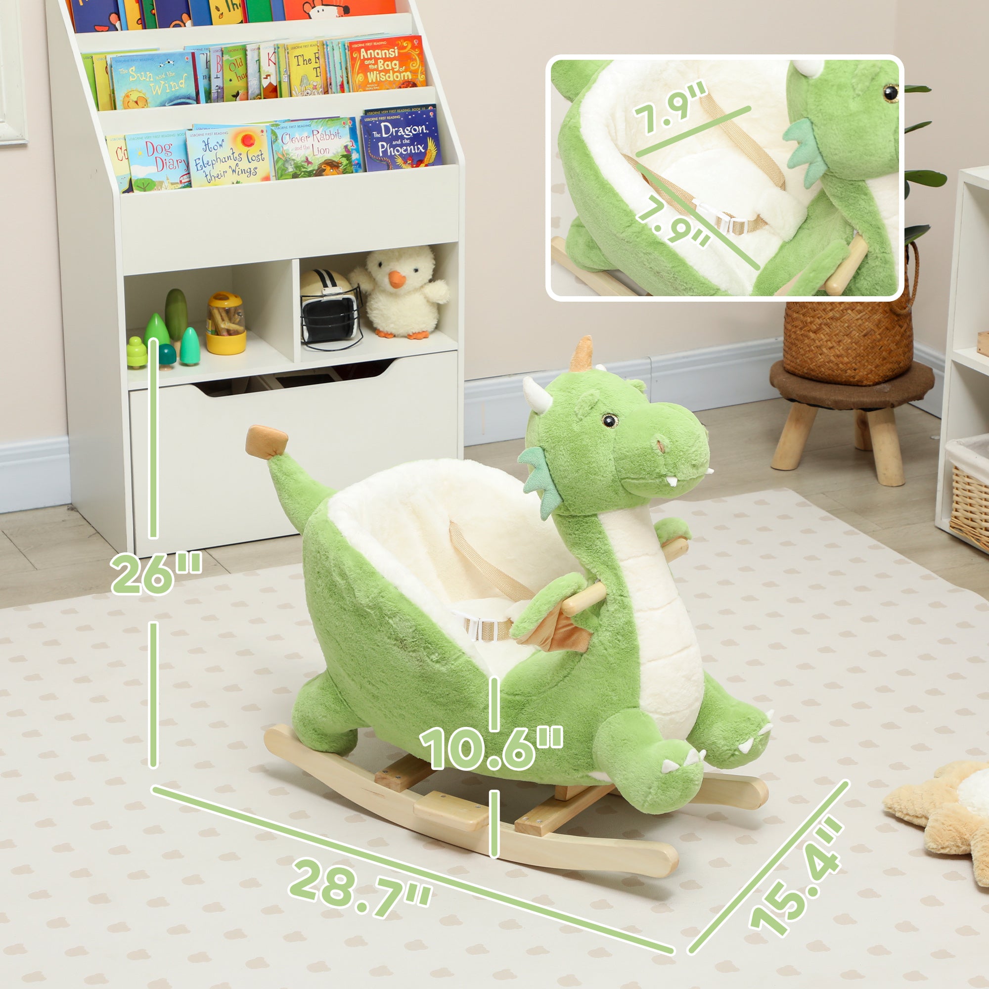 Baby Rocking Horse, Kids Ride On Dragon Toy with Realistic Dragon Roar and Safety Belt for Kids 18–36 Months, Green