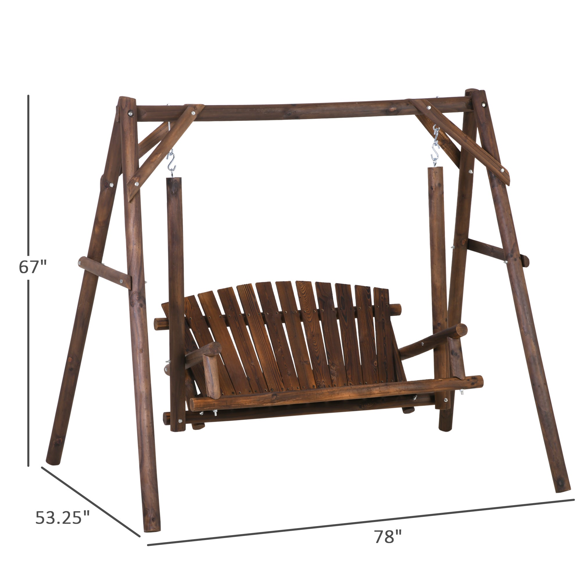 2-Seat Wooden Swing Bench, Ergonomic Design, 'A' Frame Construction, Stable and Non-Slip, Solid Wood Frame Log Garden Swing, for Outdoor and Indoor, Brown