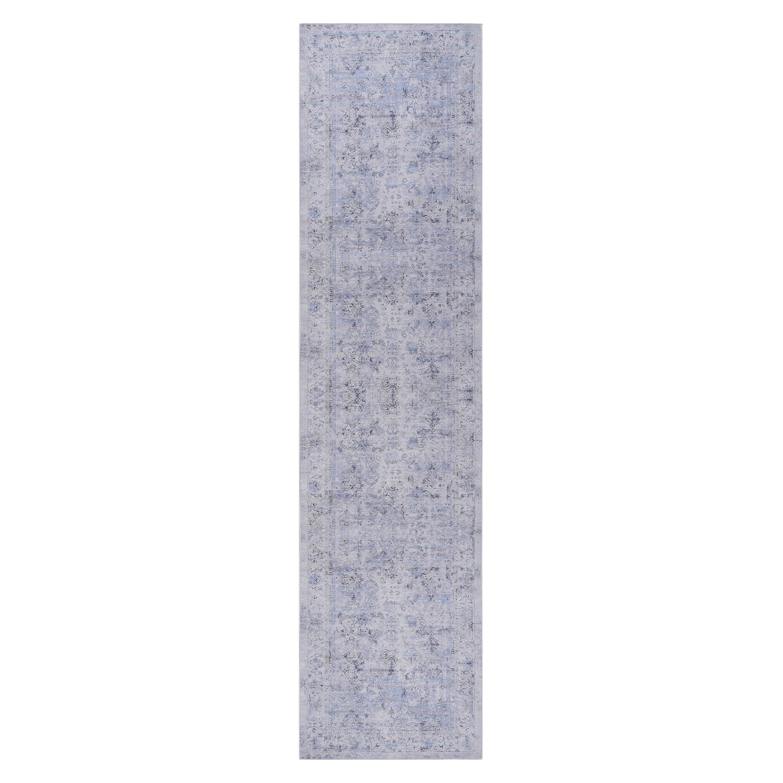 2x10 Washable Low-Pile Non-Slip Non-Shedding Area Rug, Kid and Pet Friendly, Foldable Carpet for Living Room, Kitchen, Blue+Cream
