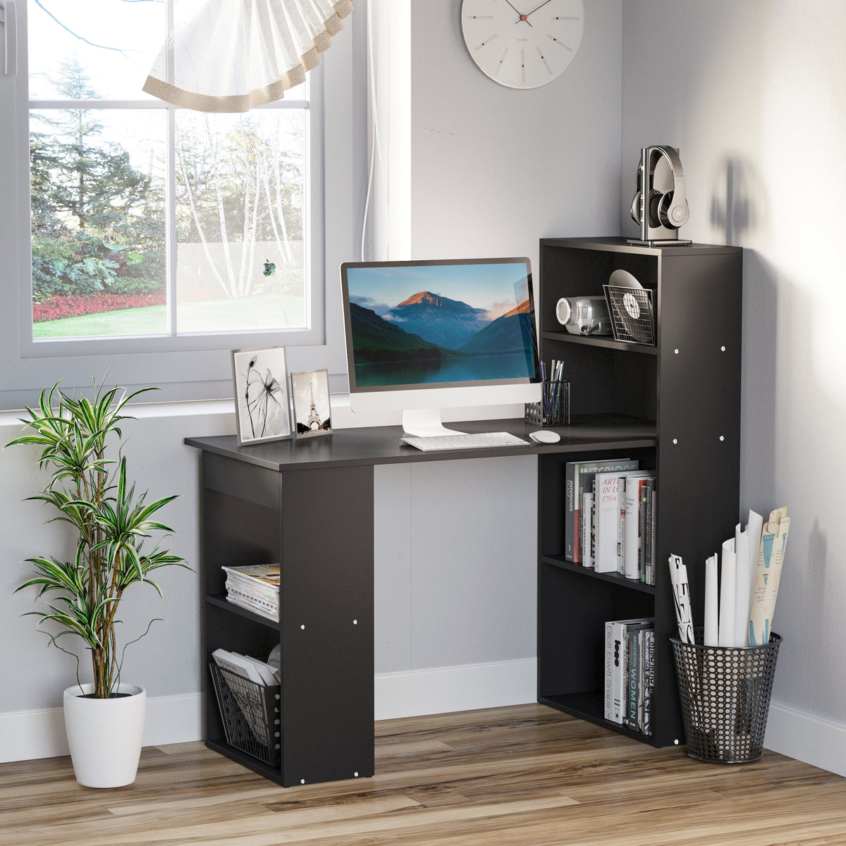 Computer Desk with 6-Tier Storage Shelves, Writing Desk Workstation with Bookshelf for Home Office, Black