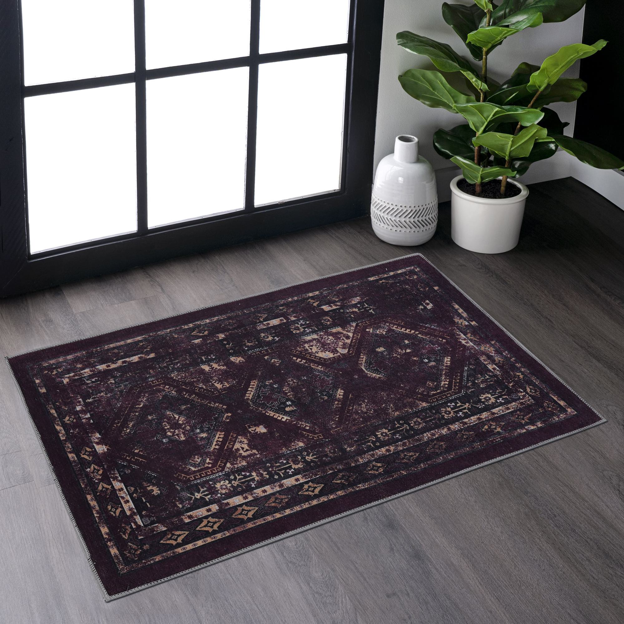 2x3 Low-Pile Non-Slip Non-Shedding Machine Washable Area Rug, Kid and Pet Friendly, Foldable Doormat for Bedroom, Bathroom, Black+Burgundy