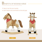 Kids Plush Ride-On Rocking Horse Toy Cowboy Rocker with Fun Realistic Sounds for Child 3-6 Years Old, Beige