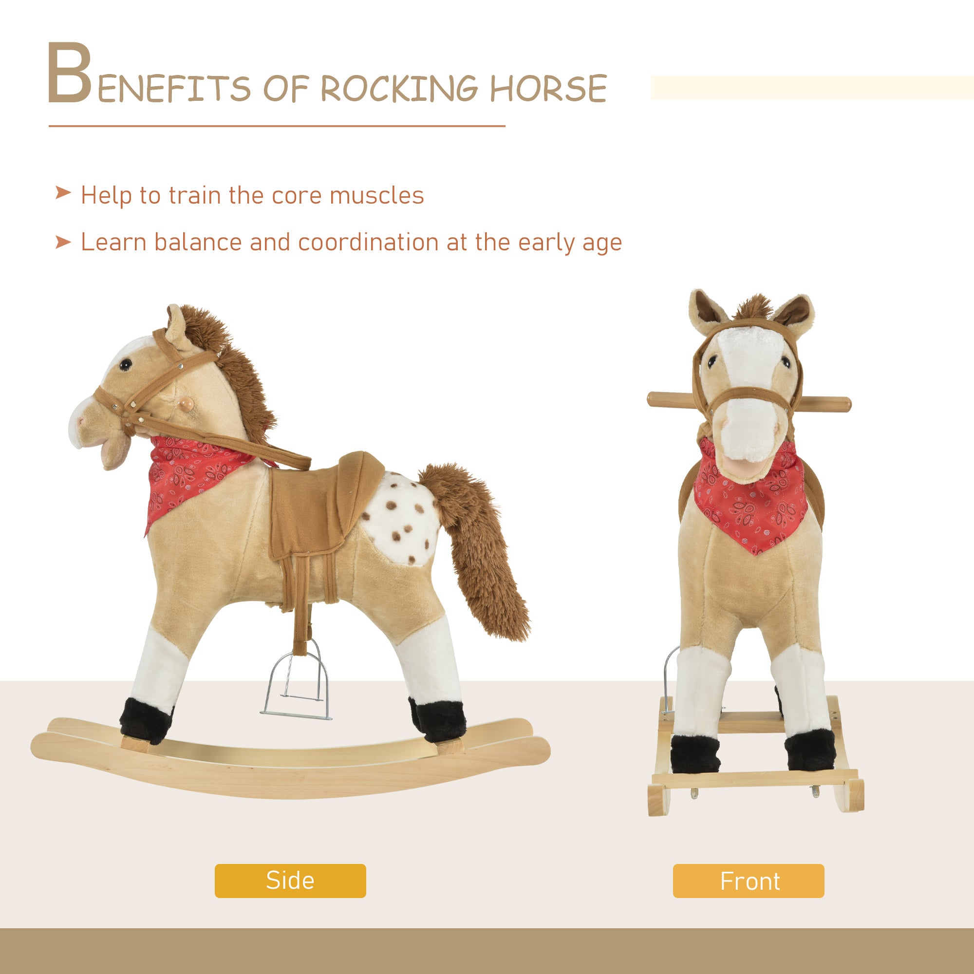 Kids Plush Ride-On Rocking Horse Toy Cowboy Rocker with Fun Realistic Sounds for Child 3-6 Years Old, Beige