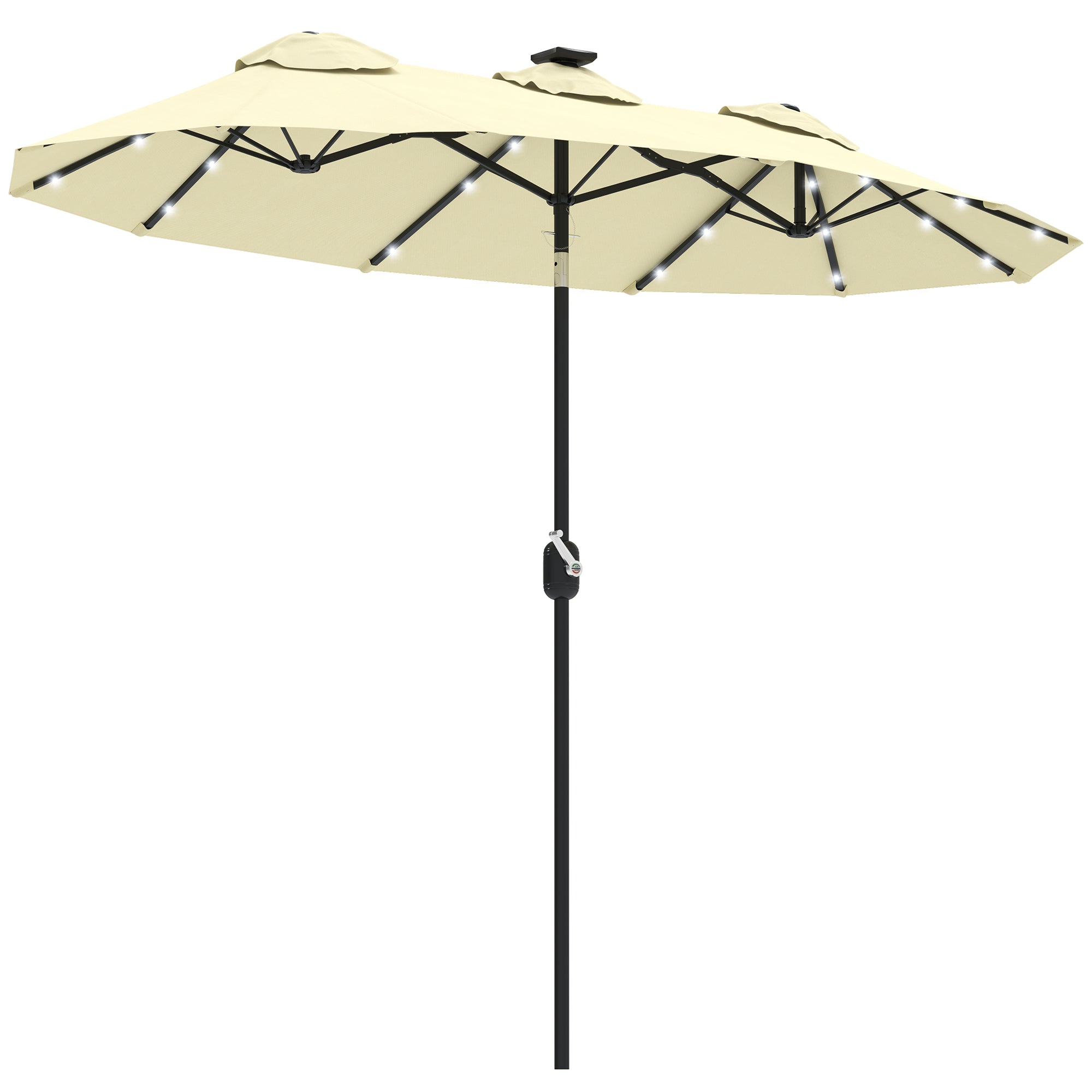 Double-sided Patio Umbrella, 9.7' Outdoor Umbrella with Tilt and Crank, LED Solar Light and 12 Ribs, Cream White