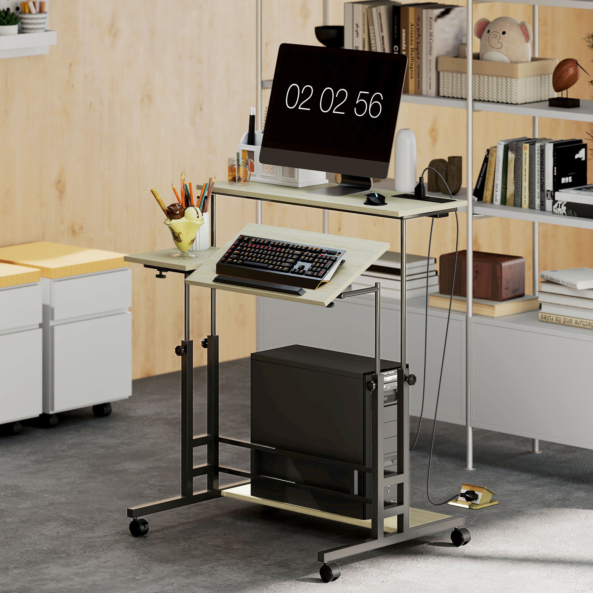 Adjustable Standing Desk with Power Outlets, Stand Up Desk with Tiltable Tabletop, Wheels, Shelf, for Home Office, Oak