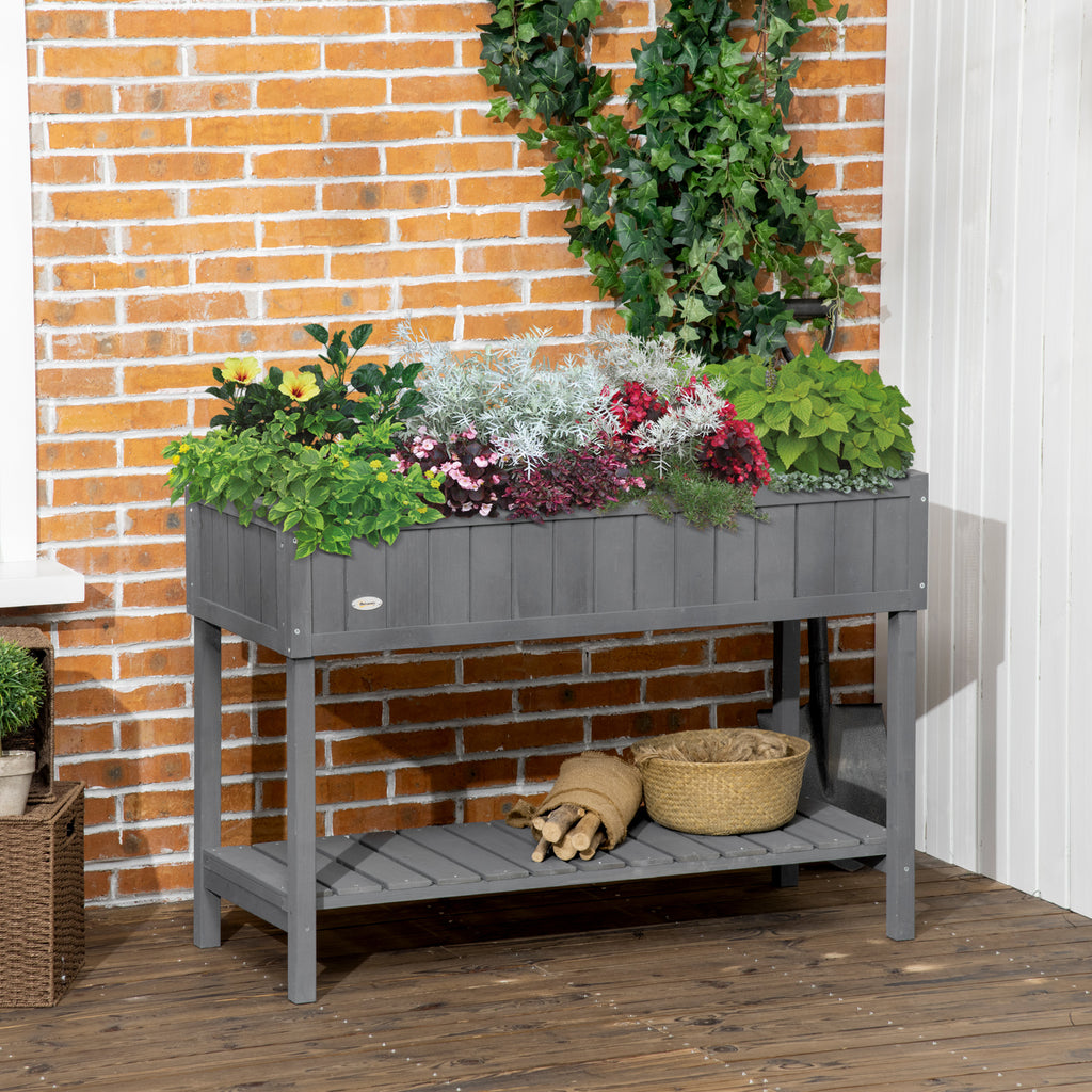 Wooden Raised Garden Bed, Elevated Planter Box Stand with 8 Slots and Open Shelf, Dark Gray