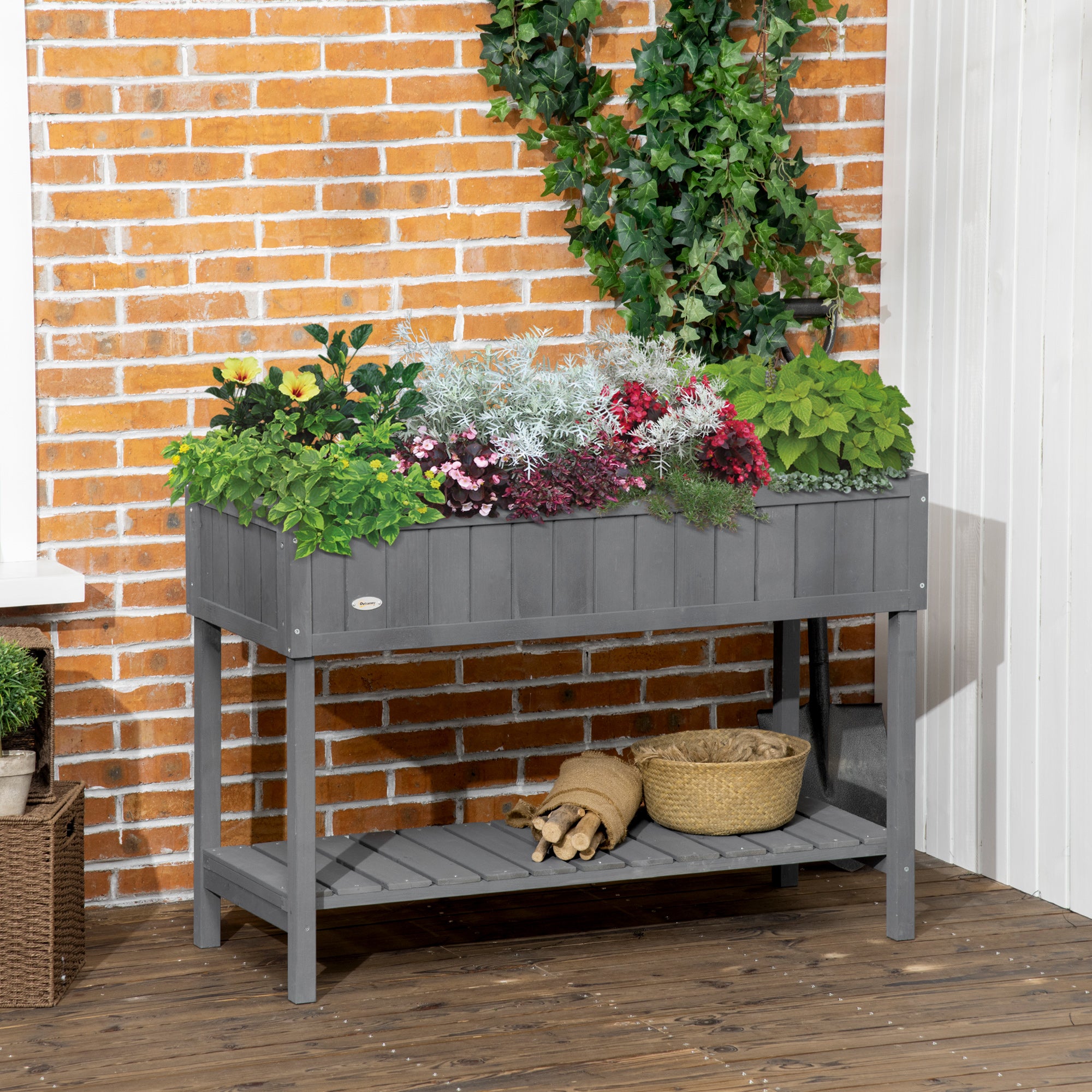 Wooden Raised Garden Bed, Elevated Planter Box Stand with 8 Slots and Open Shelf, Dark Gray