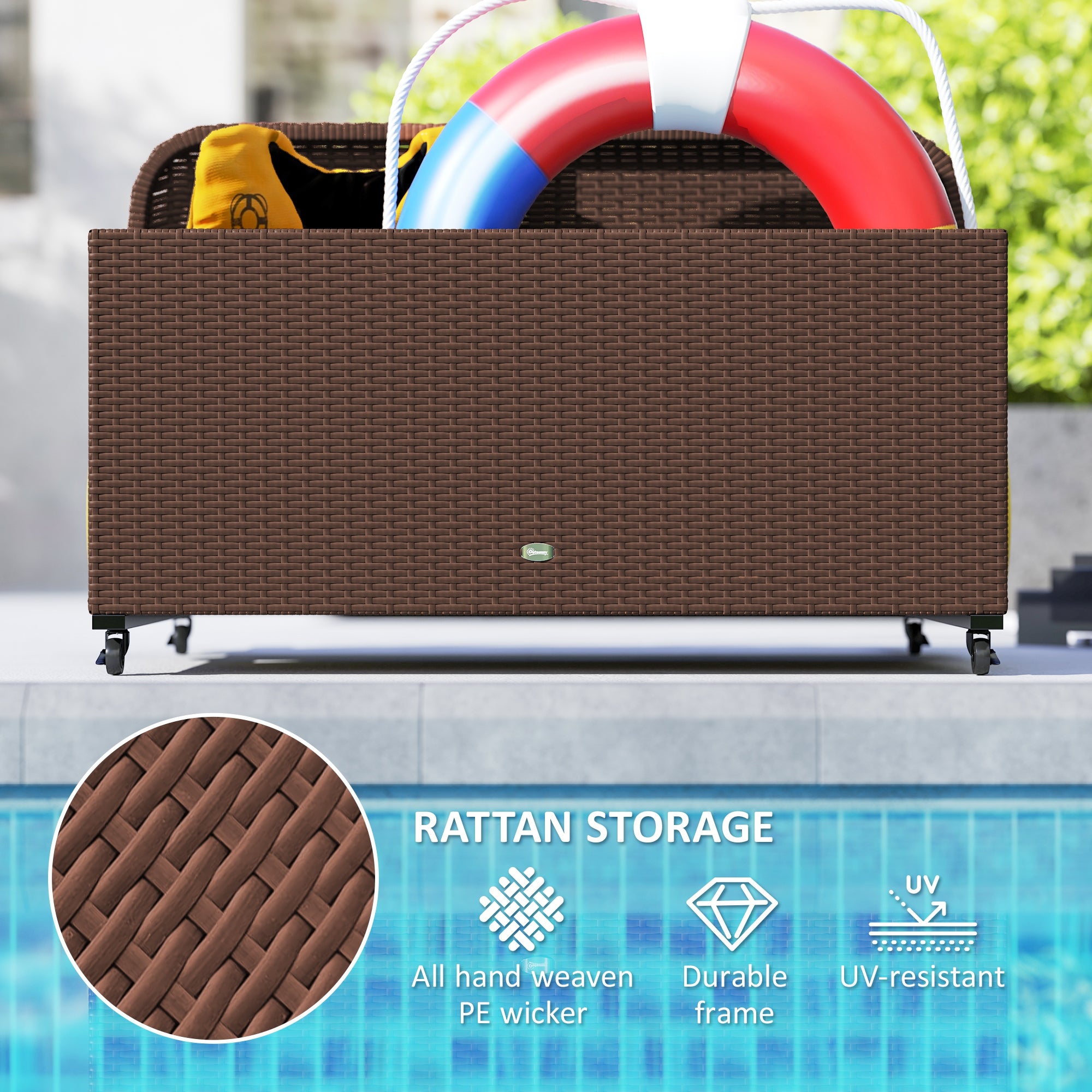 PE Rattan Pool Float Storage Organizer with Wheels, Brown