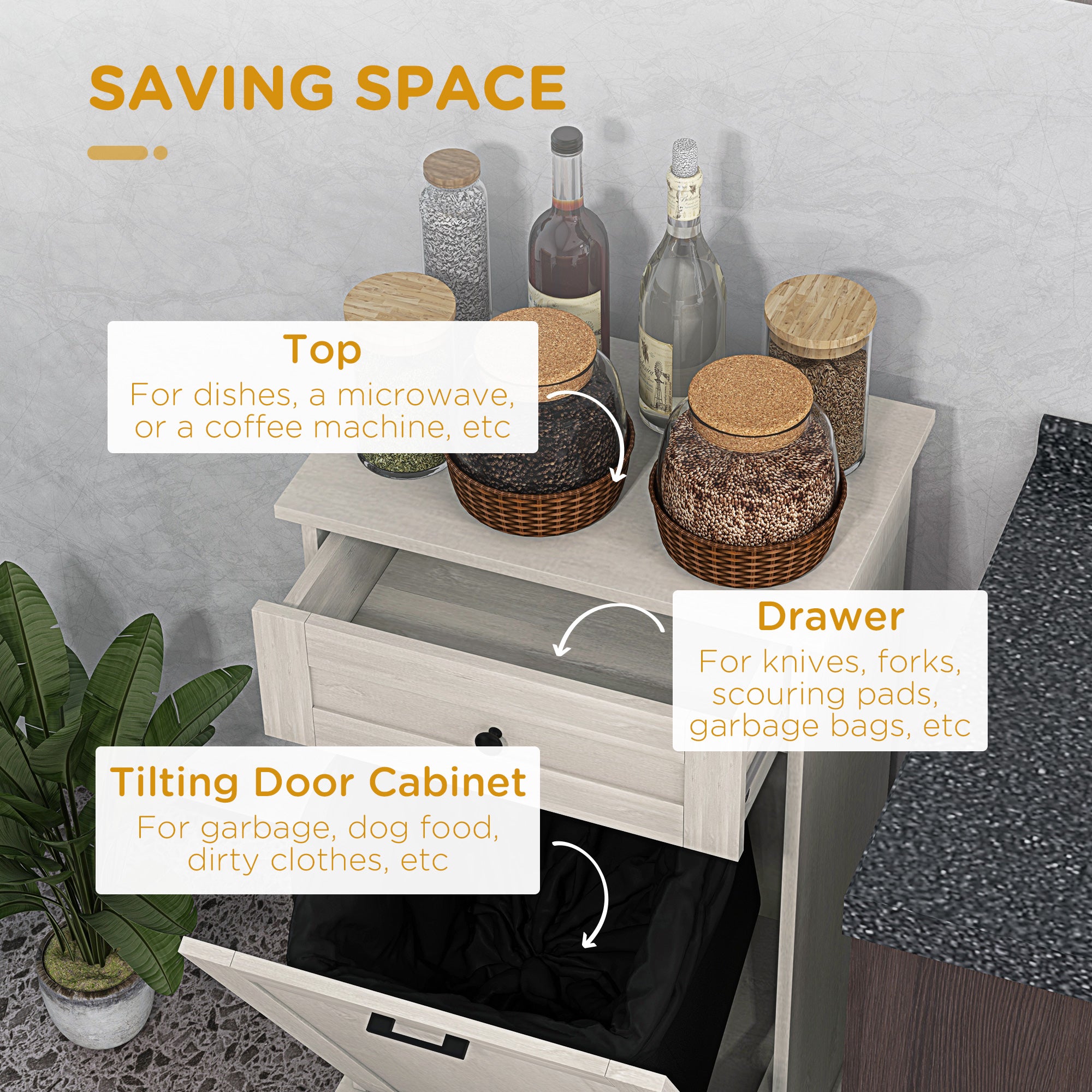Kitchen Tilt Out Trash Bin Cabinet Free Standing Storage Cabinet with Drawer, Light Gray