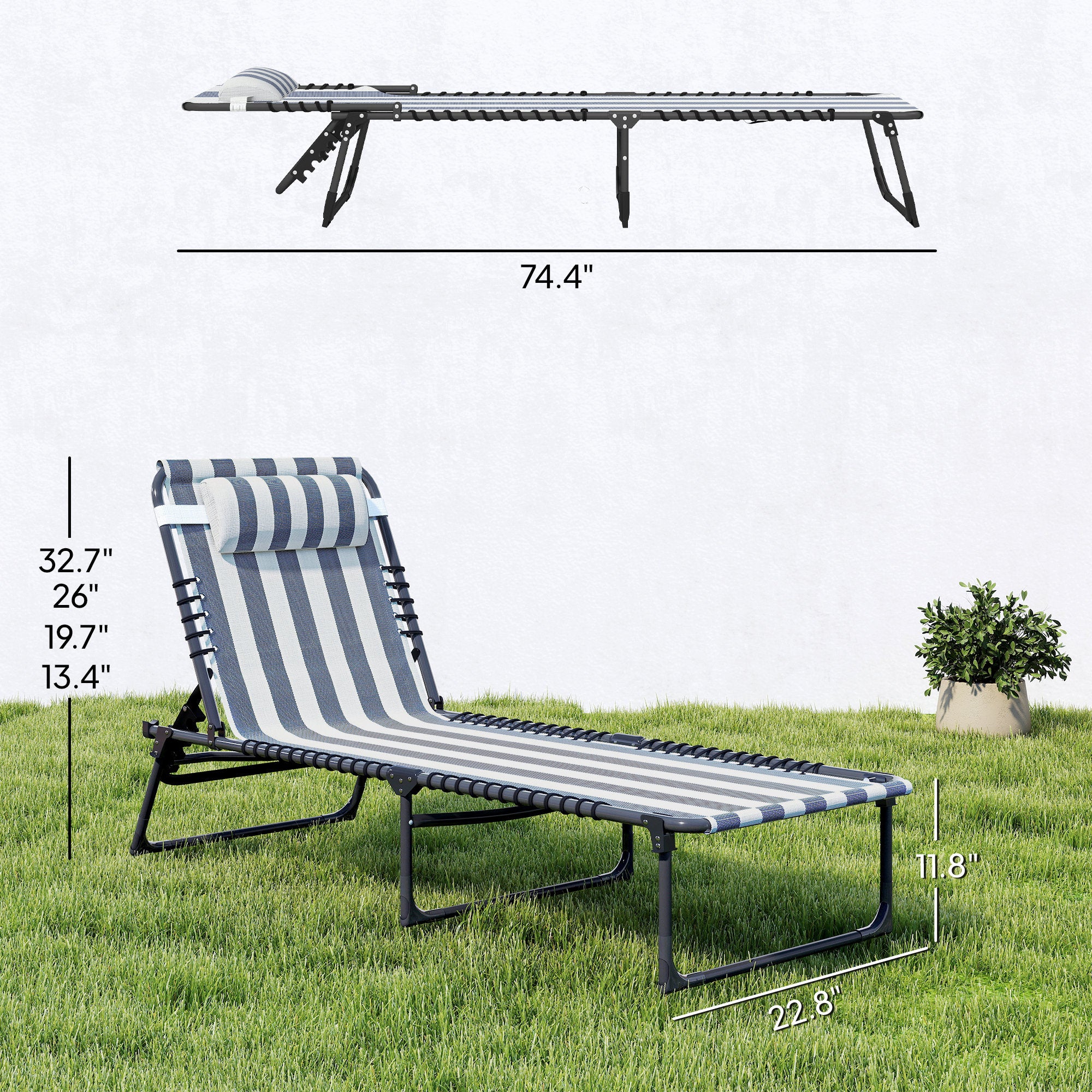 Folding Chaise Lounge Pool Chair with 4-Position Reclining Back, Pillow, Breathable Mesh & Bungee Seat, Blue & White