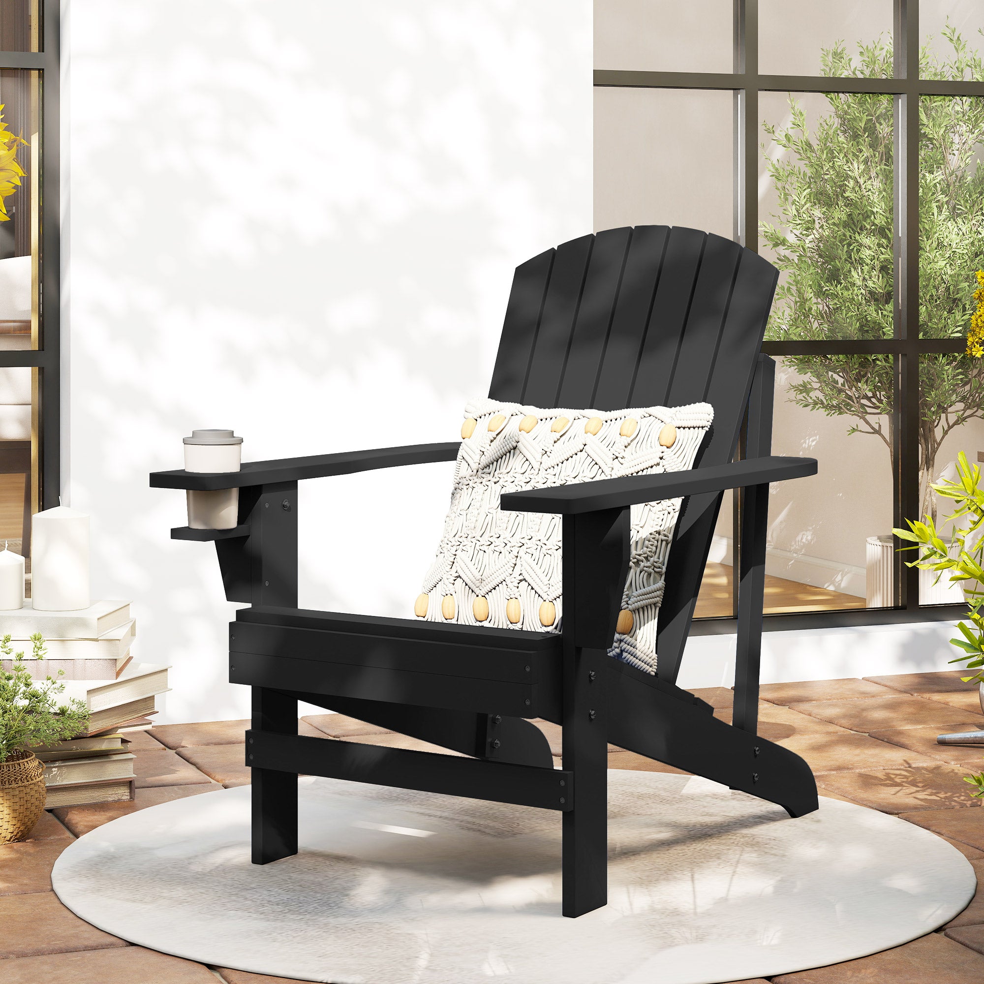 Oversized Adirondack Chair, Outdoor Fire Pit and Porch Seating, Classic Log Lounge w/ Built-in Cupholder, Black