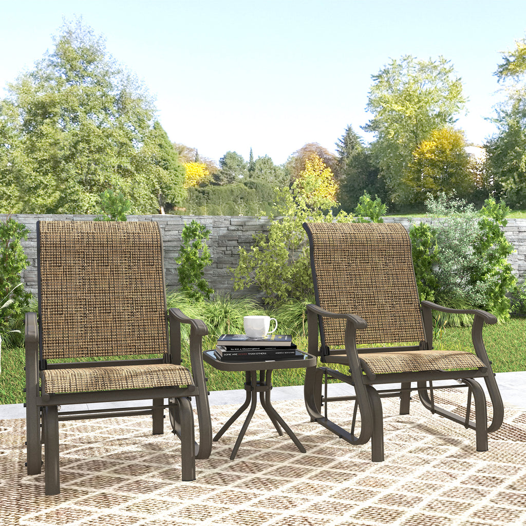 3-Piece Outdoor Gliders Set Bistro Set with Steel Frame, Tempered Glass Top Table for Patio, Garden, Light Mixed Brown
