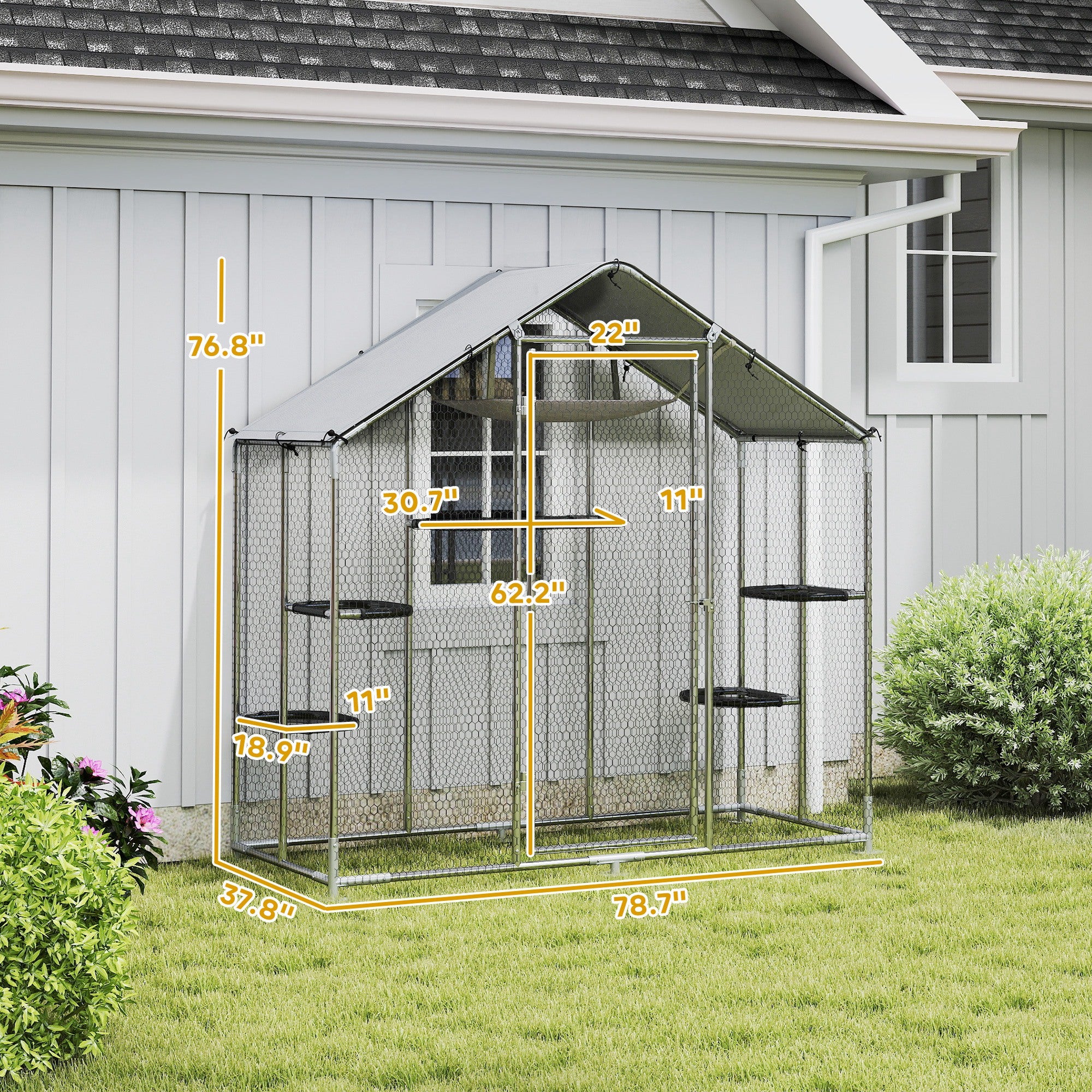 Large Catio Outdoor Cat Enclosure with Waterproof Cover, Walk-in Cat Patio w/ 5 Adjustable Platforms & Hammock