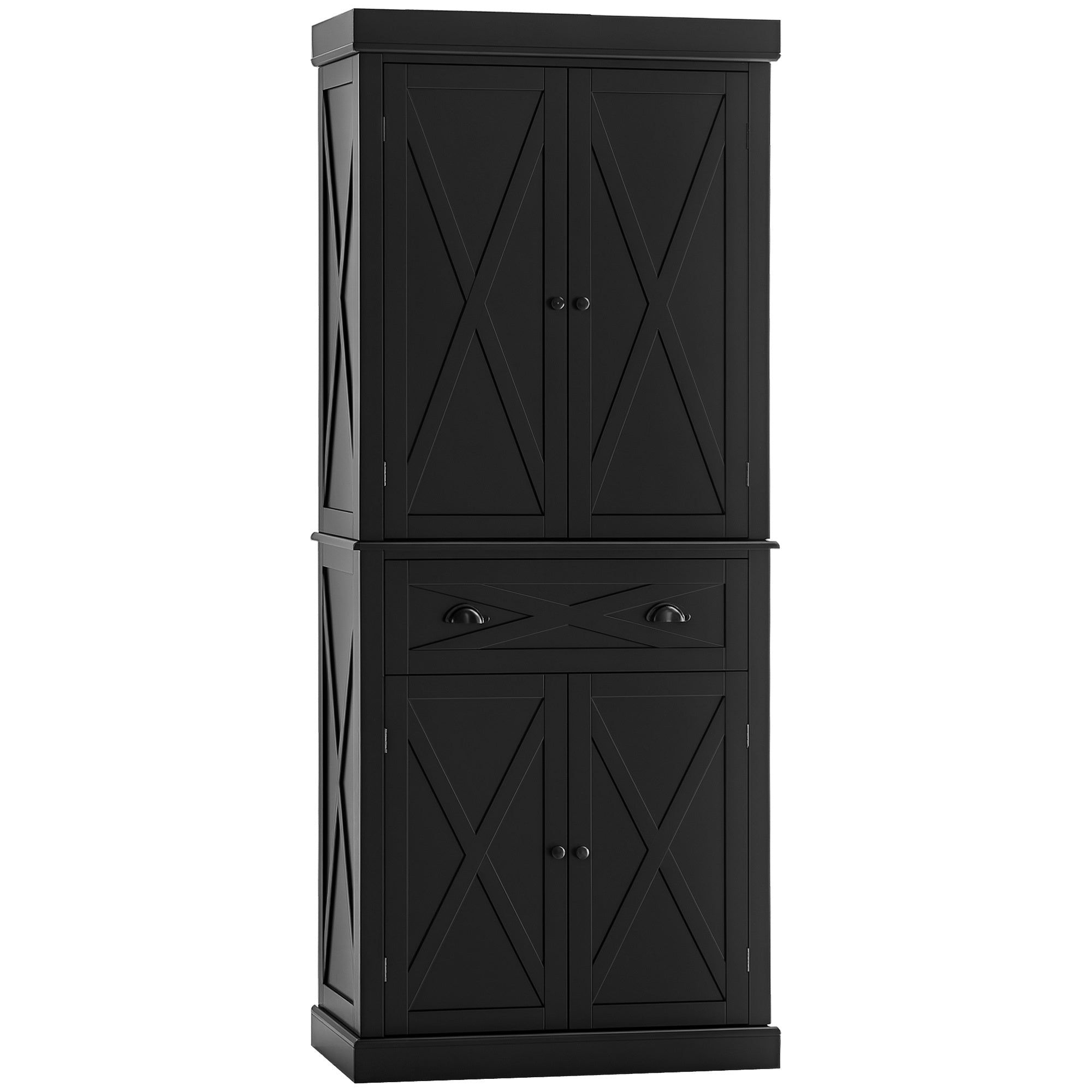 72" Kitchen Pantry Storage Cabinet, Traditional Freestanding Pantry Cabinet with 4 Doors and 2 Adjustable Shelves, Large Central Drawer, X-Frame, Black