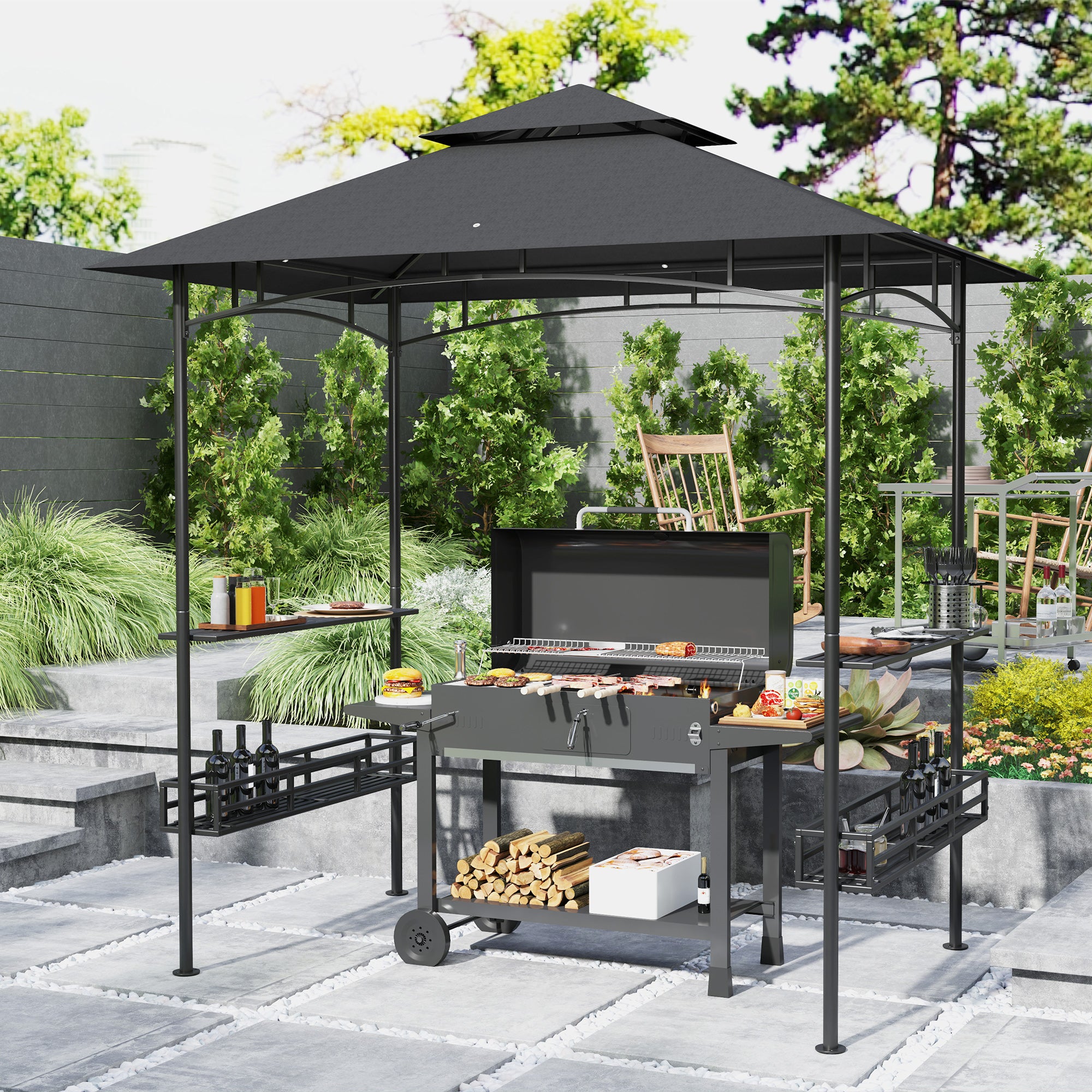 8' x 5' BBQ Grill Gazebo, 2-Tier Outdoor BBQ Gazebo with 2 Side Shelves, Storage Baskets, Ceiling Hook, Dark Gray