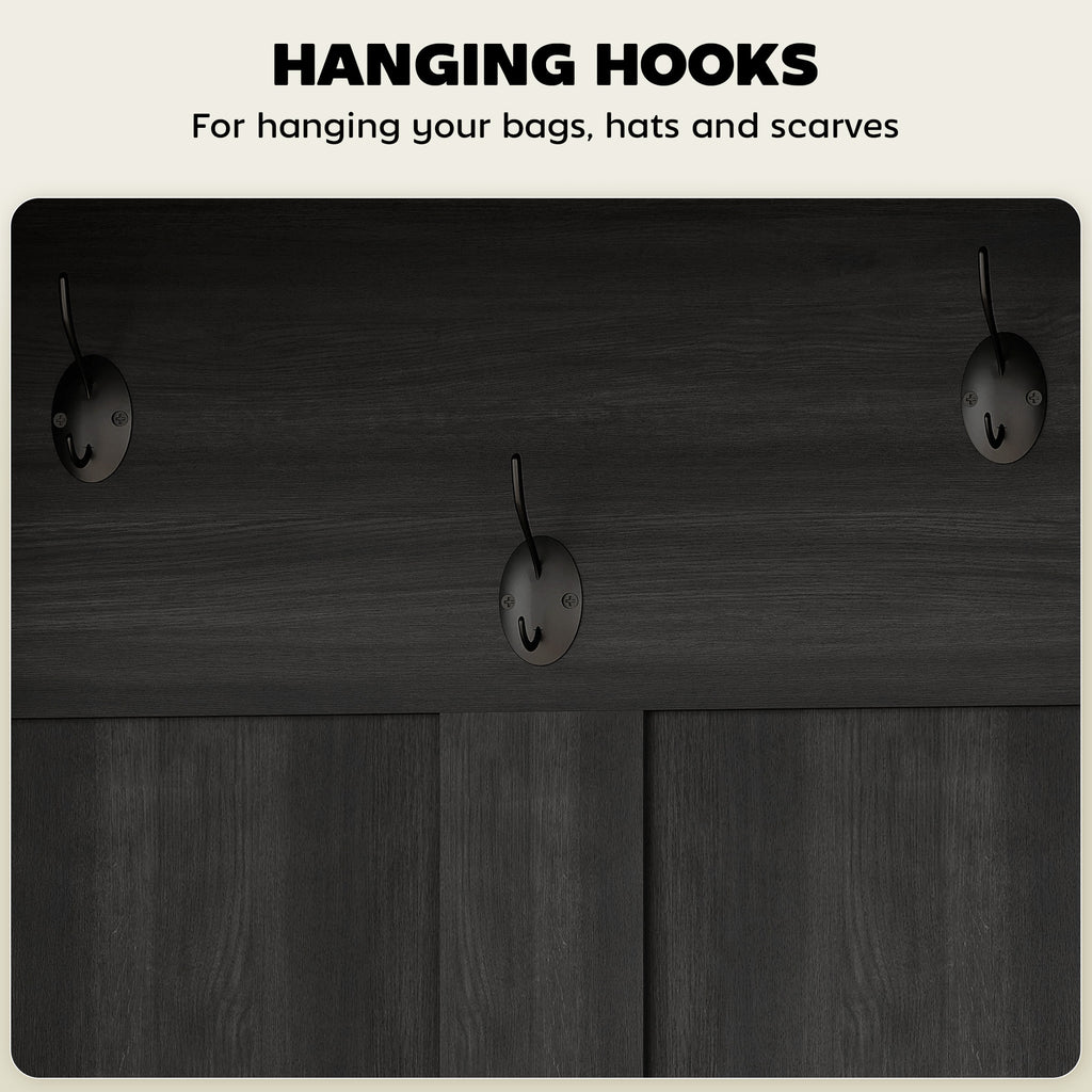 3-in-1 Hall Tree with Shoe Storage, Coat Rack with Bench, Entryway Furniture with Five Hooks, Black Wood Grain