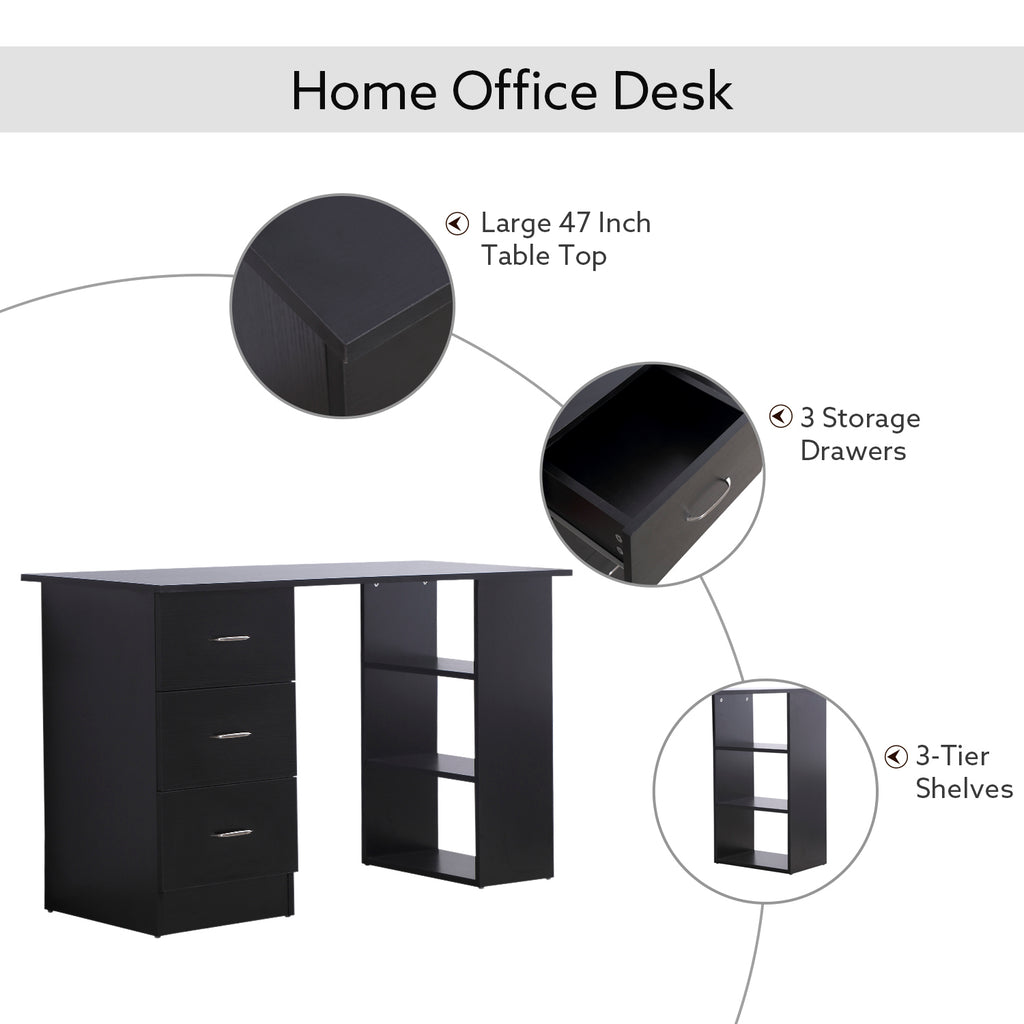 47" Home Office Computer Desk Bookcase Combo, Writing Table Workstation with 3 Drawer and Storage Shelf - Black