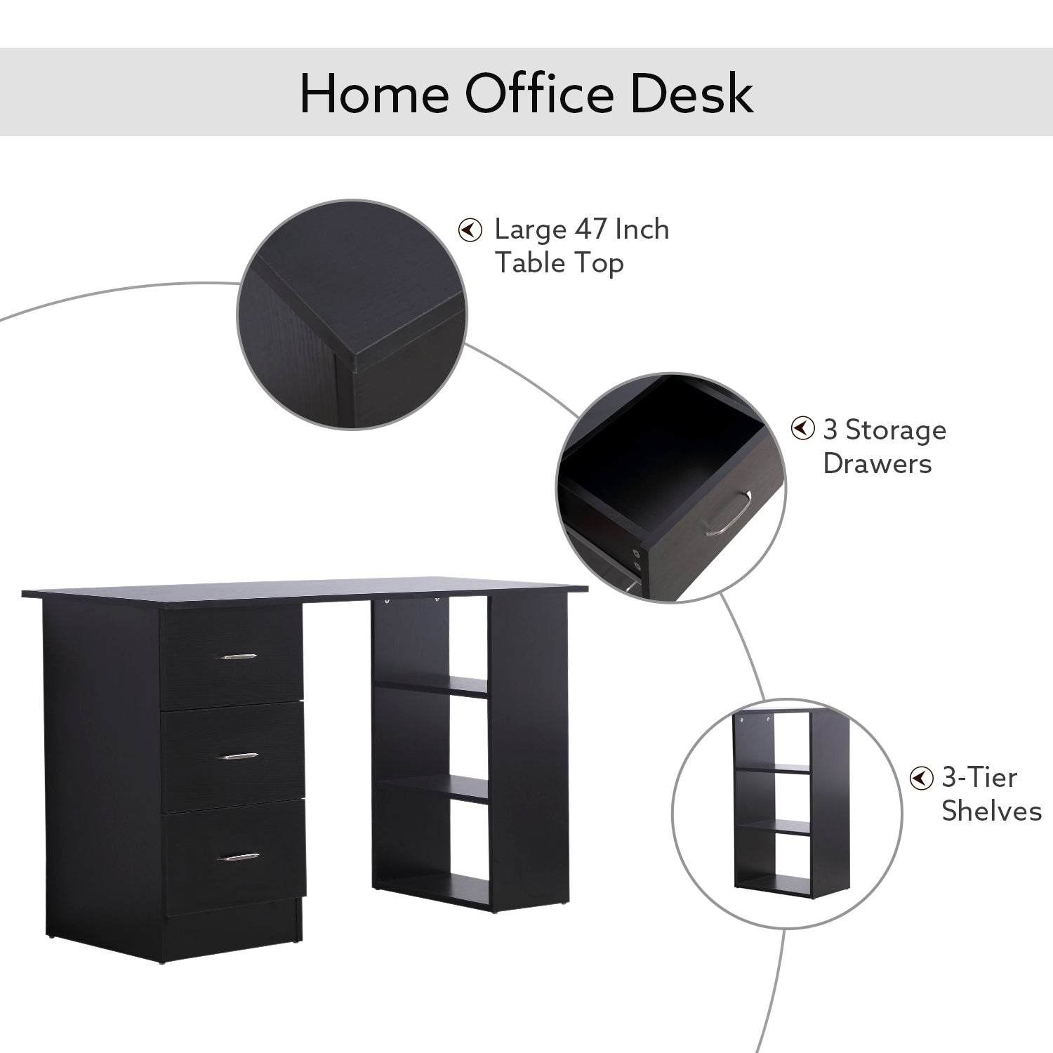 47" Home Office Computer Desk Bookcase Combo, Writing Table Workstation with 3 Drawer and Storage Shelf - Black