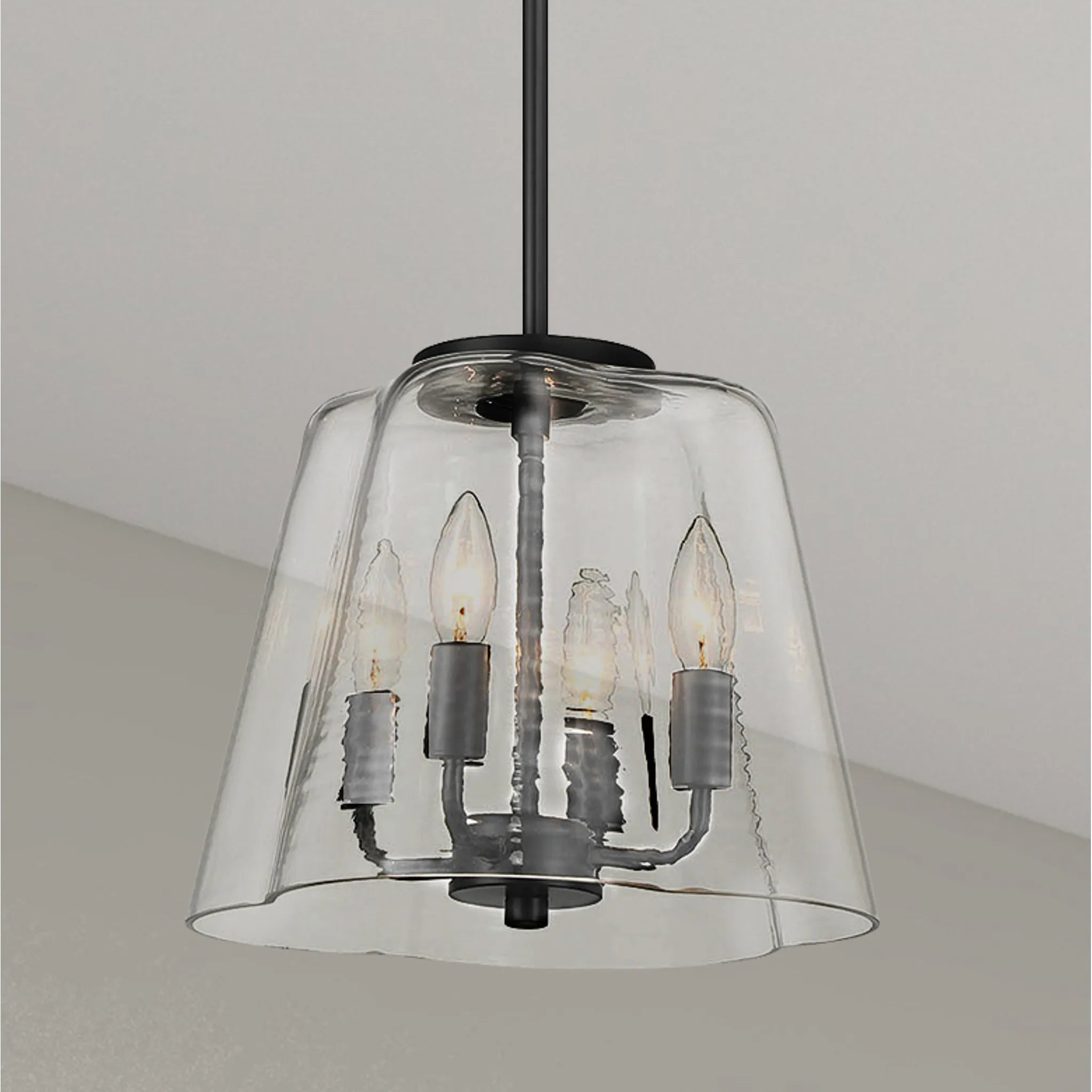 Modern Four Candle Lights Pendant with Sleek Black Finish, Clear Glass Shade, Ideal for Living Room, Bedroom, 13" L x 13" W x 11" H, Black+Clear