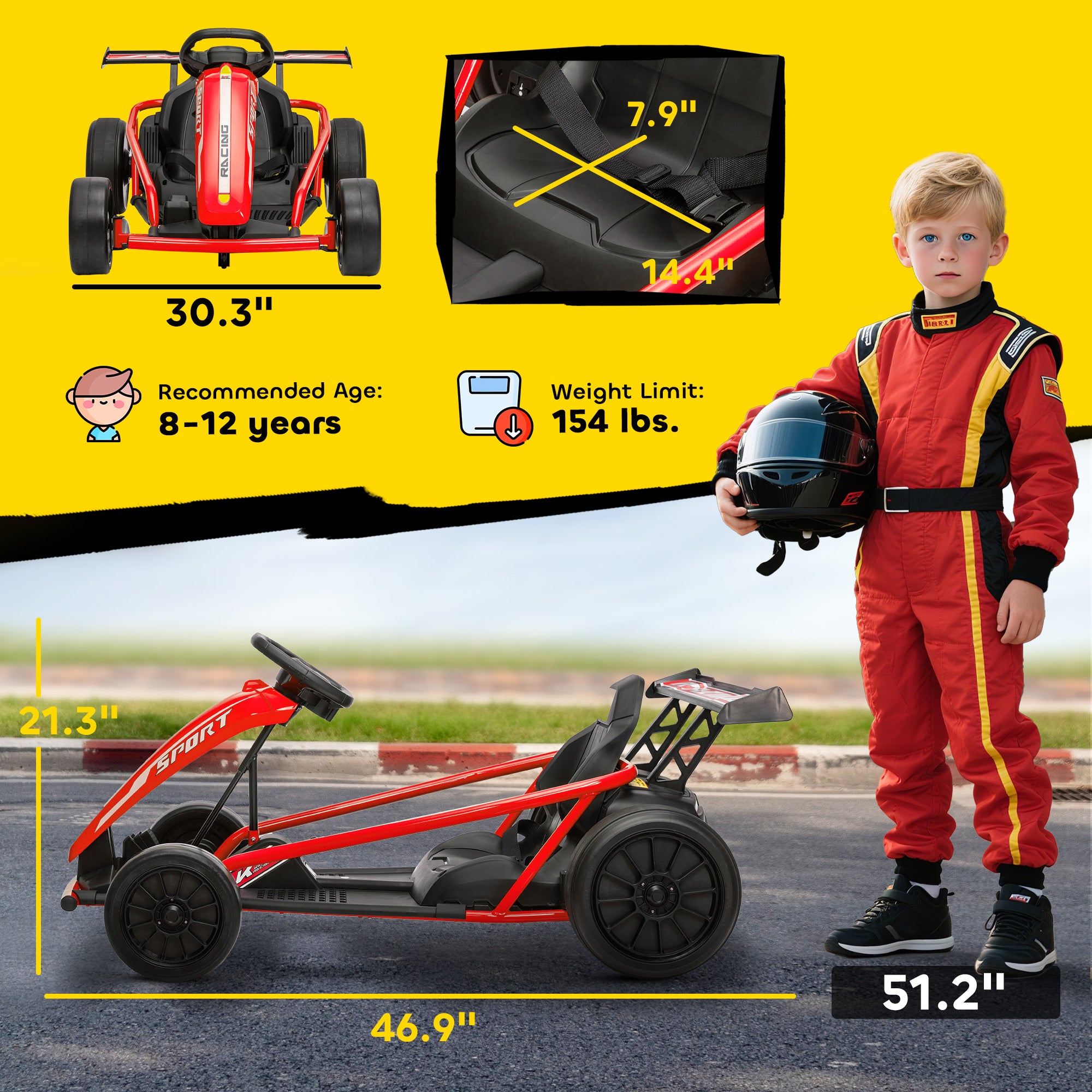 24V 7AH Kids Electric Go Kart, 8.1 MPH Battery Powered Drift Kart with Dual Motors, Soft Start for 8-12 Years, Red