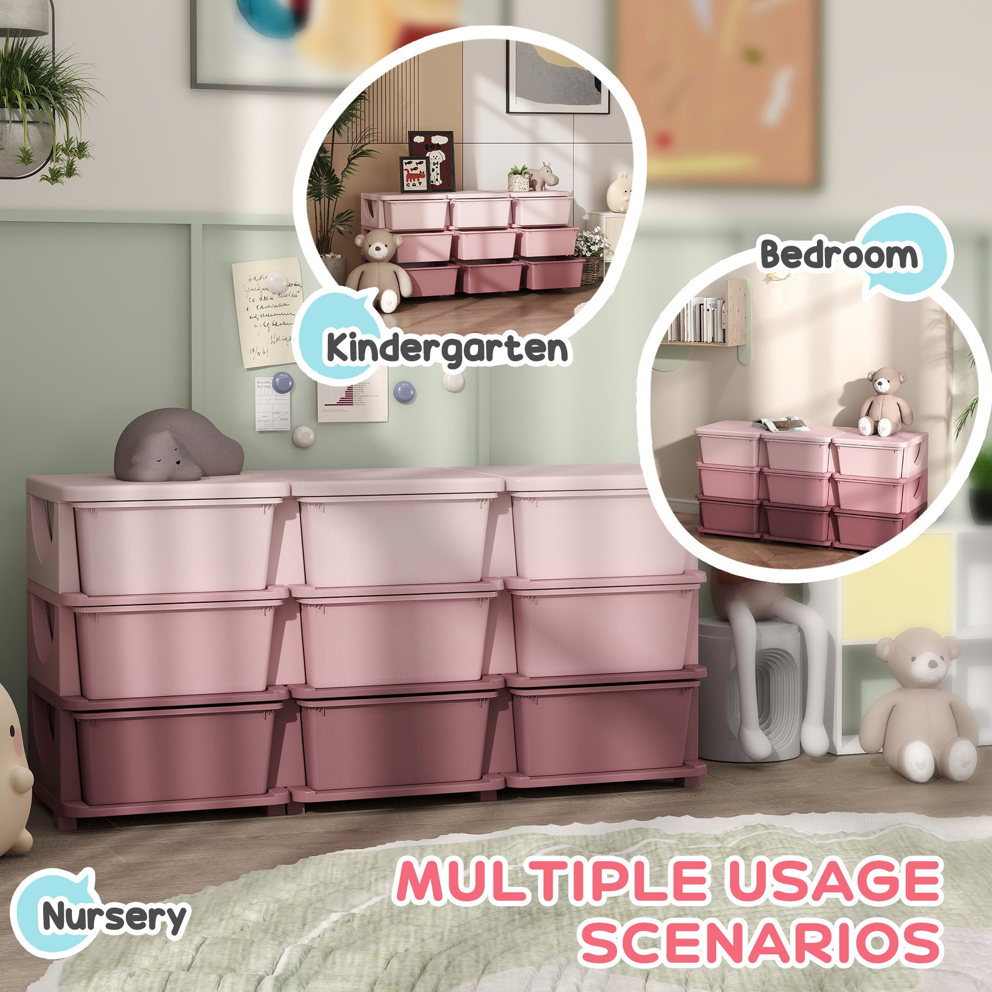 29.5" 3 Tier Kids Storage Unit Dresser Tower w/ 9 Drawers, Pink