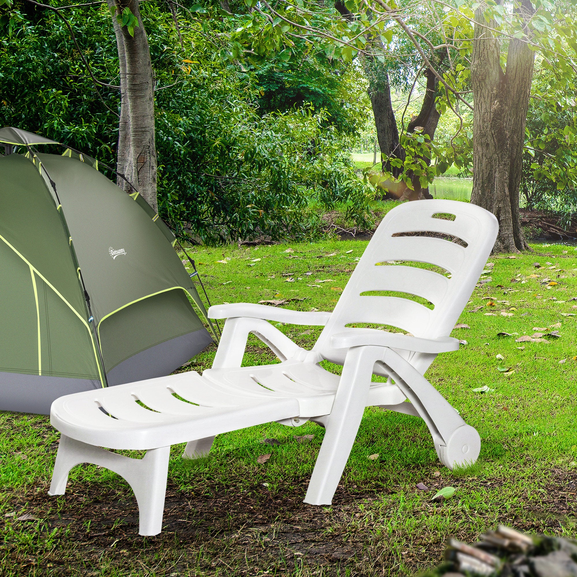 Outdoor Chaise Lounge Chair on Wheels, Waterproof, Quick Assembly, Folding, 5 Level Adjustable Backrest for Pool, White