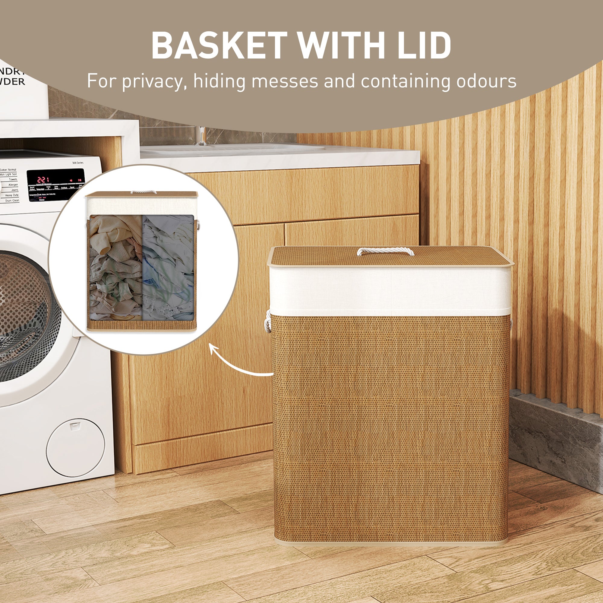 Double Laundry Basket with Lid, 26.4 Gallon Bamboo Laundry Hamper with Rope Handles and Removable Liner, Brown