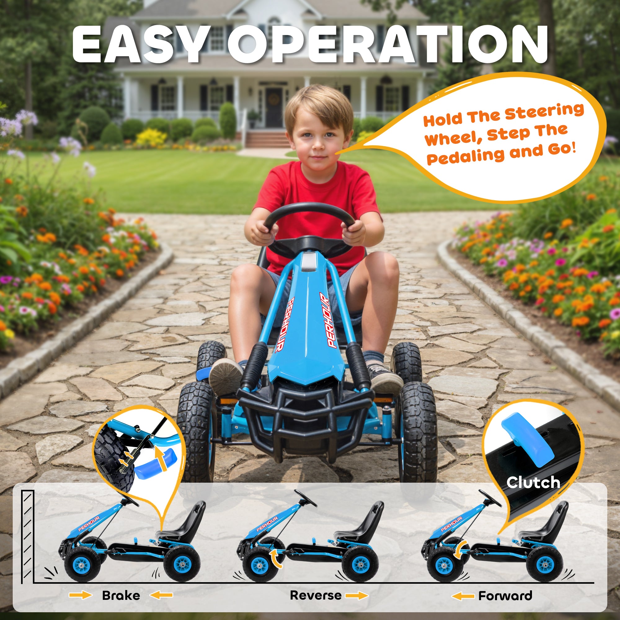 Kids Go Kart, Pedal Car with Adjustable Seat, EVA Wheels, Brake, for Boys & Girls Aged 3-8 Years Old, Blue