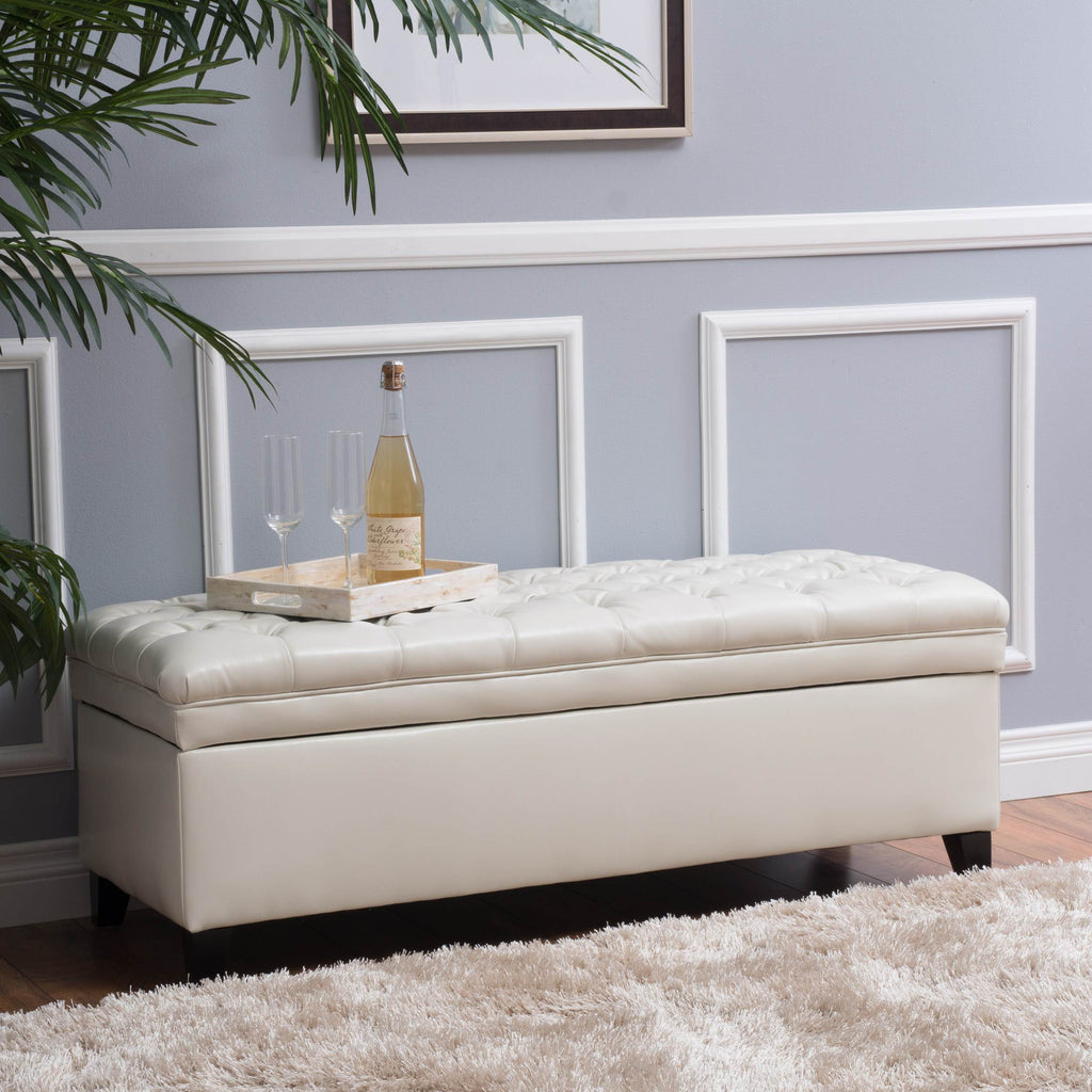 Storage Ottoman with Birch Legs, Faux Leather Tufted, 50" L x 20.5" W x 18.25" H, Spot Clean, Ivory