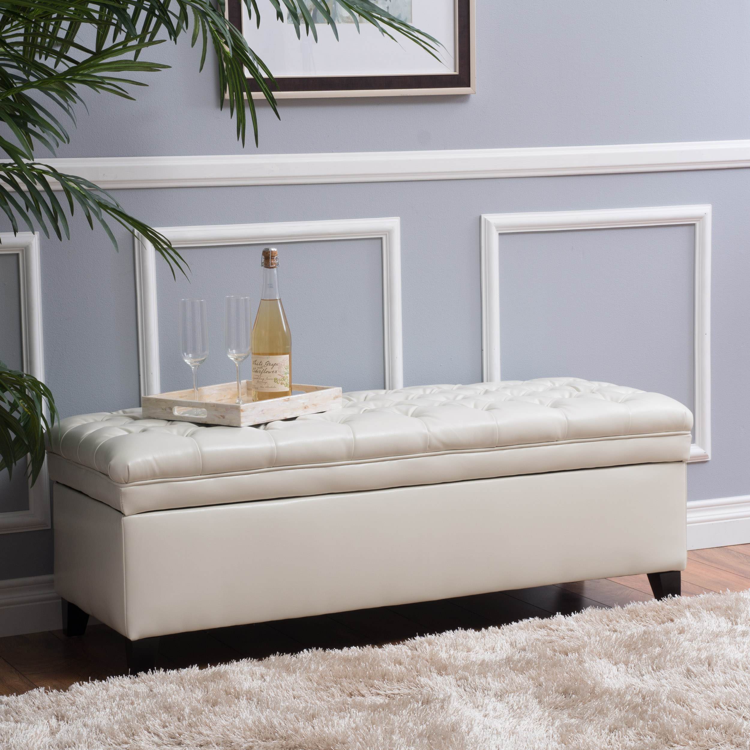 Storage Ottoman with Birch Legs, Faux Leather Tufted, 50" L x 20.5" W x 18.25" H, Spot Clean, Ivory