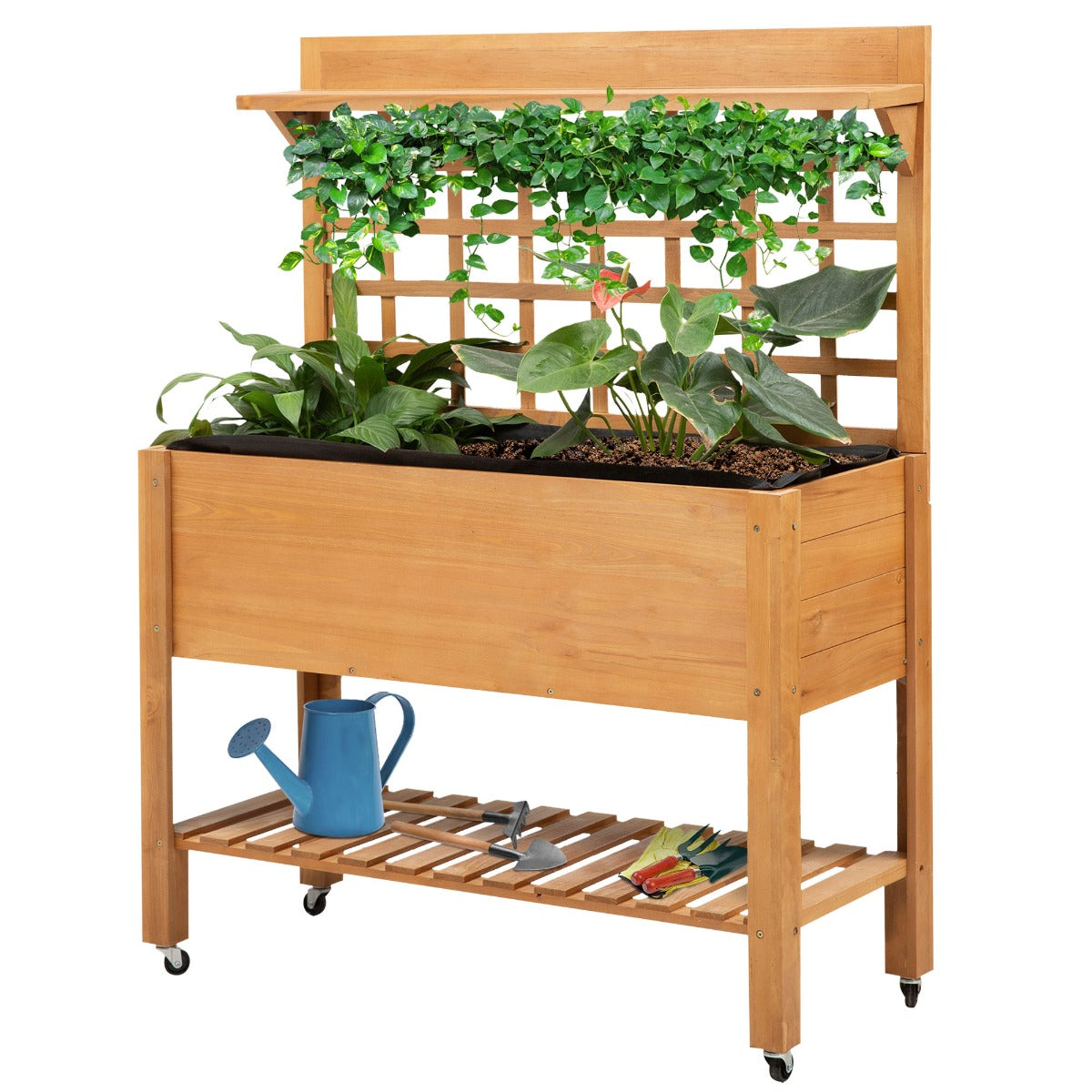 41"x18"x53" Elevated Garden Raised Bed with Shelf and Wheels Solid Wood Planter Flower Herb Boxes for Vegetables Flower Outdoor/Indoor - Brown