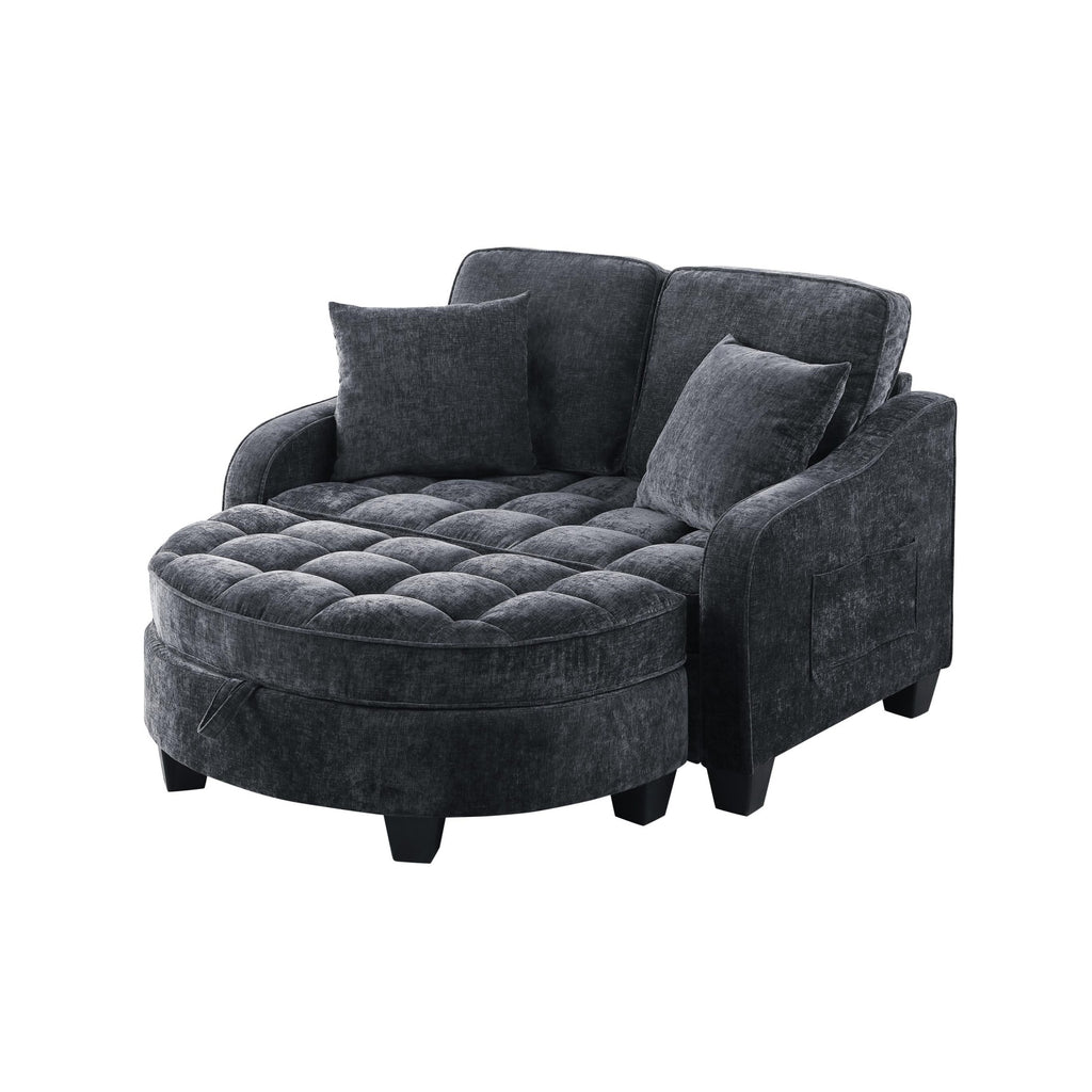 2-Seater Sofa Chaise Lounge with Irregular Curved Armrests, Ergonomic Backrest, Footrest with 2 Throw Pillows, 42.5" L x 32.5" W x 36.5" H, Black