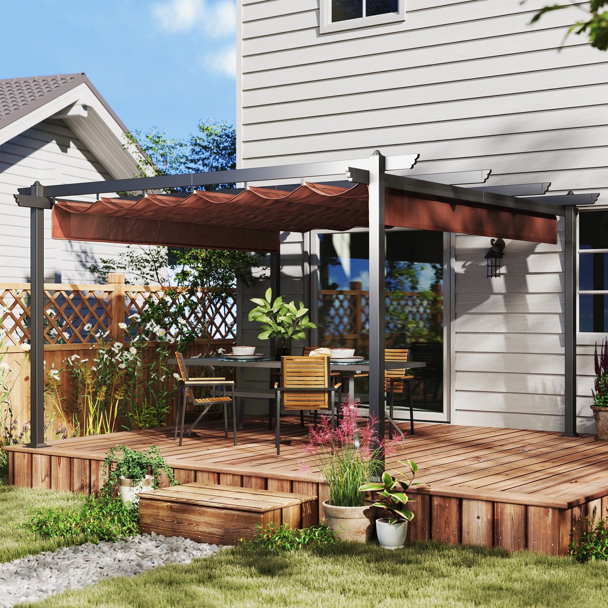 13' x 13' Aluminum Retractable Pergola Canopy, Outdoor Pergola for Garden, Patio, Backyard, Deck, Brown