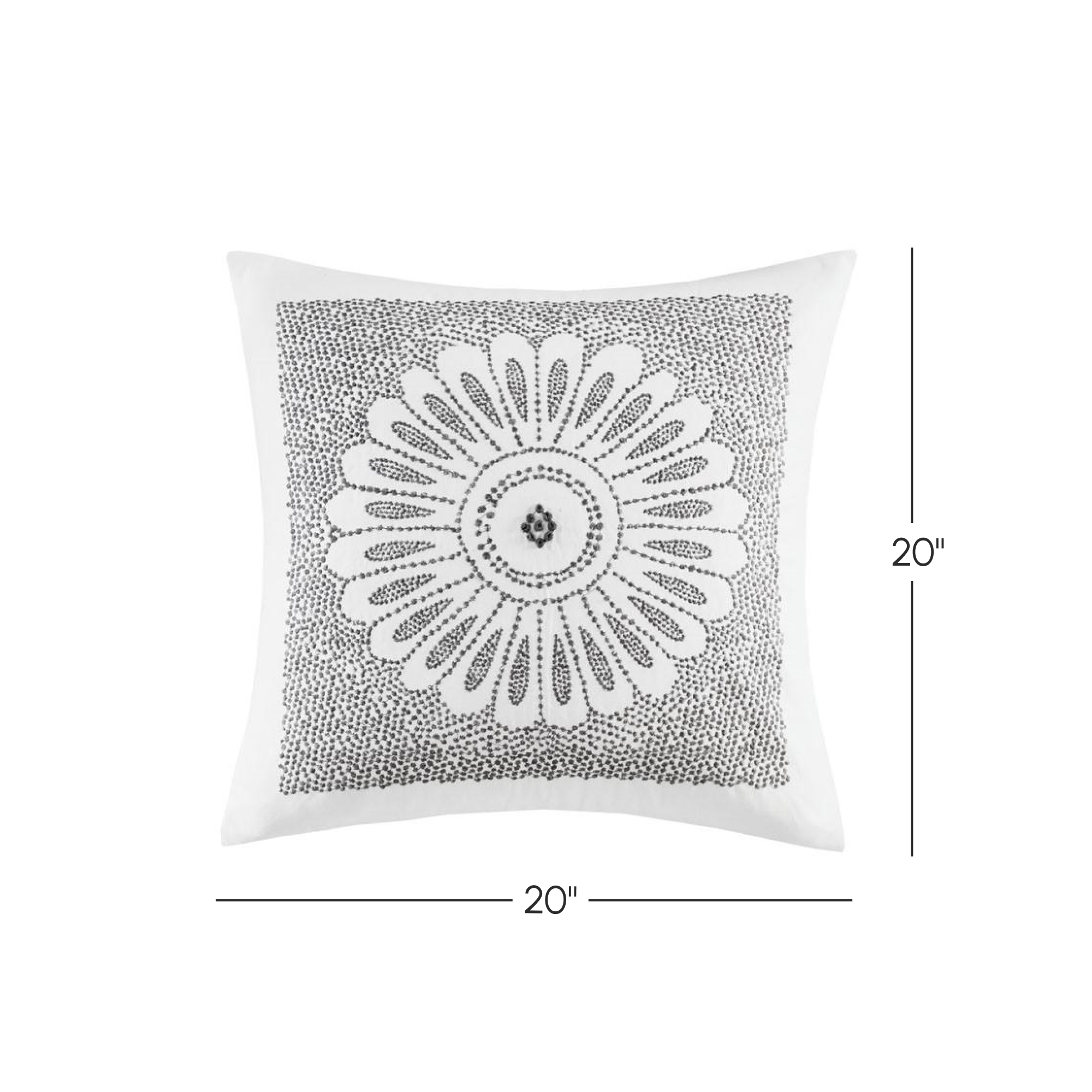 Cotton Embroidered Decorative Square Pillow with Metallic Medallion Design, Hypoallergenic Filling, Removable Cover, 20" L x 20" W x 5" H, Gray